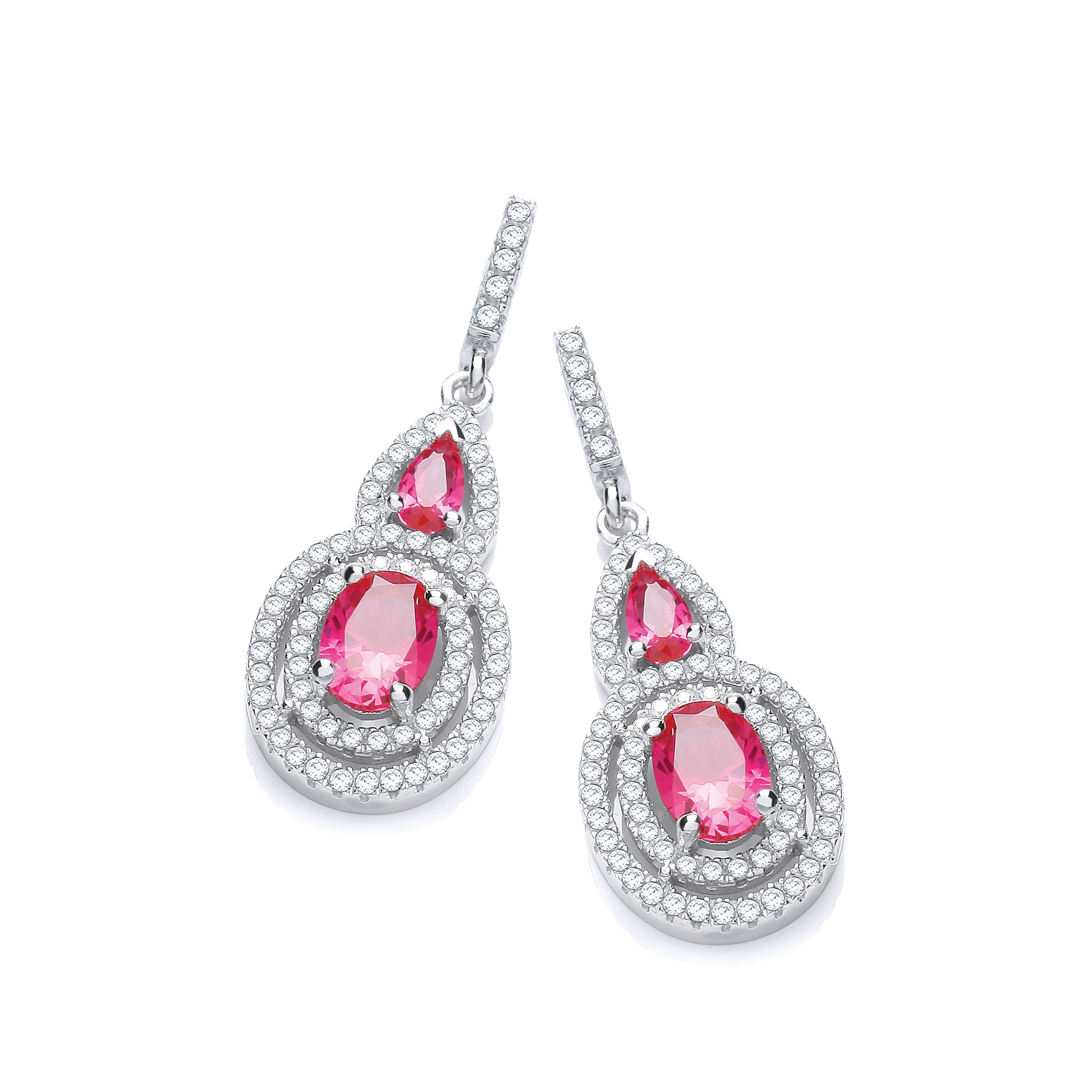 Micro Pave' Red & White Cubic Zirconia Drop Earrings - Silver
