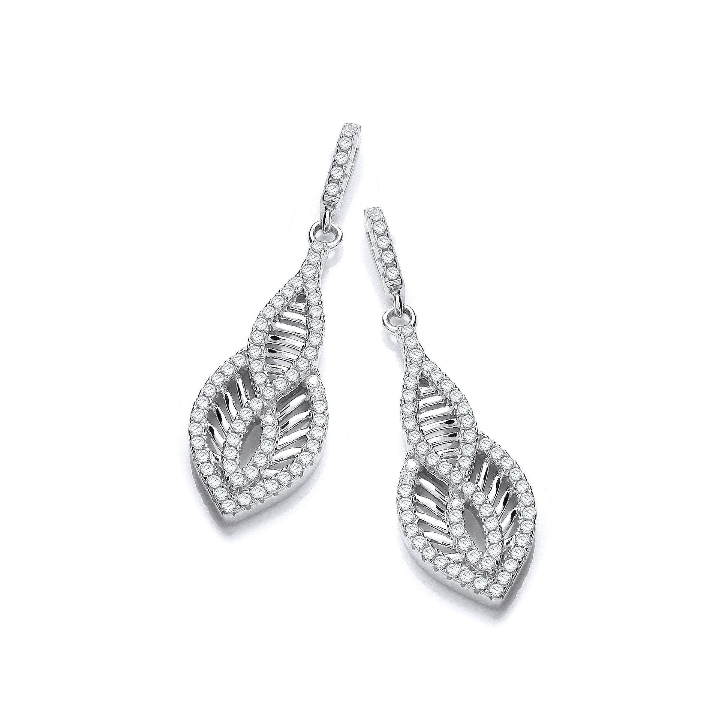 Micro Pave' Cubic Zirconia Encrusted Teardrop Shaped Earrings - Silver