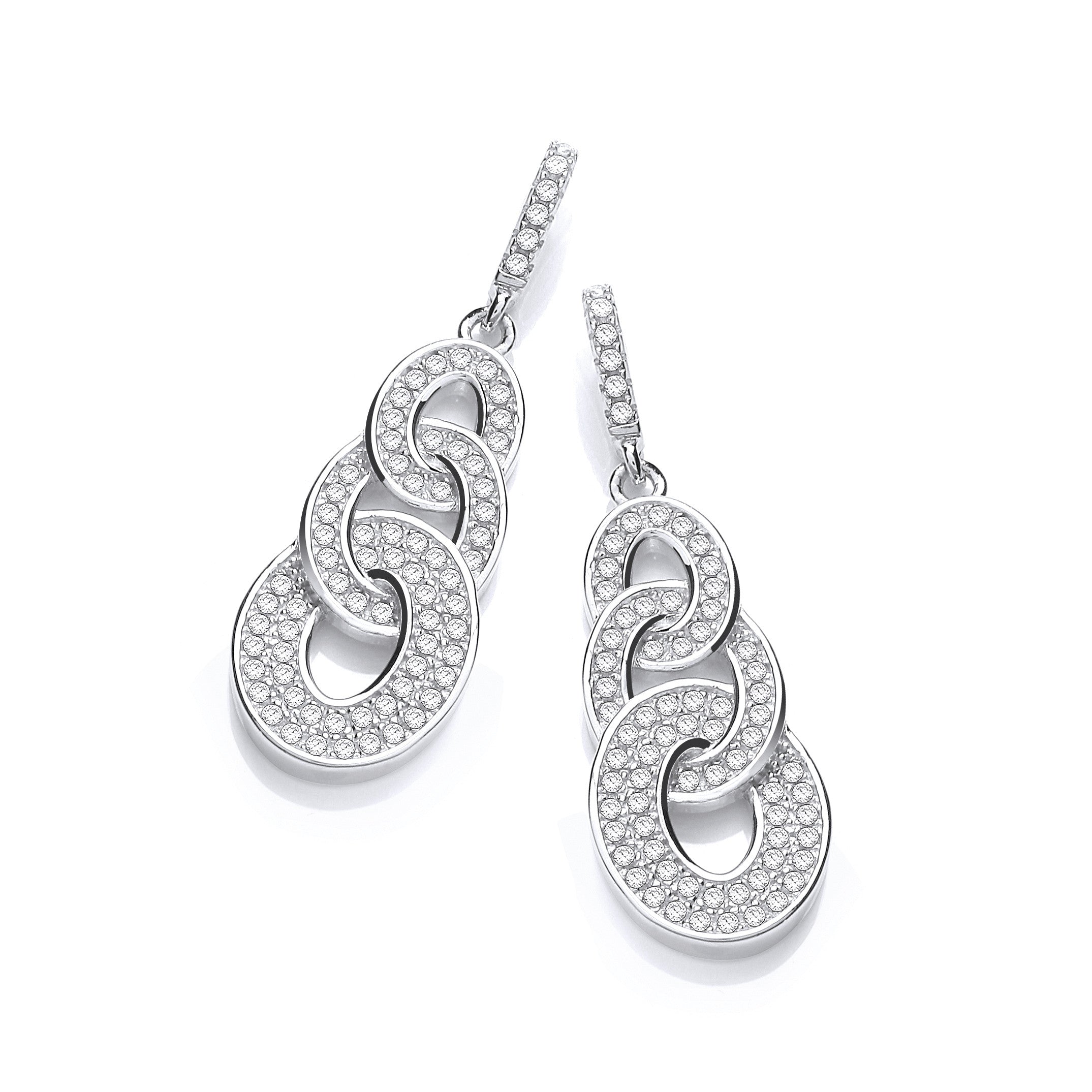 Micro Pave' Oval Intertwined Cubic Zirconia Drop Earrings - Silver