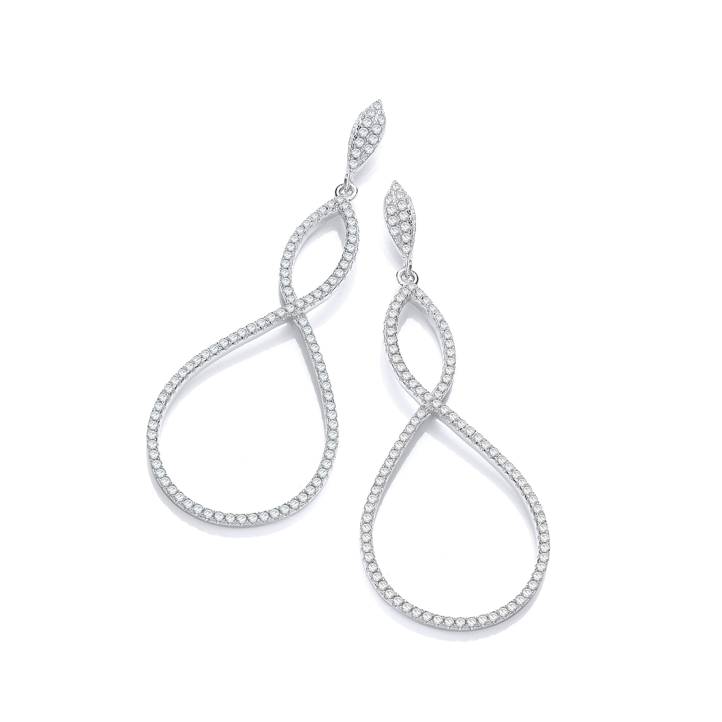 Micro Pave' Oval Long Drop Cubic Zirconia Earrings - Silver