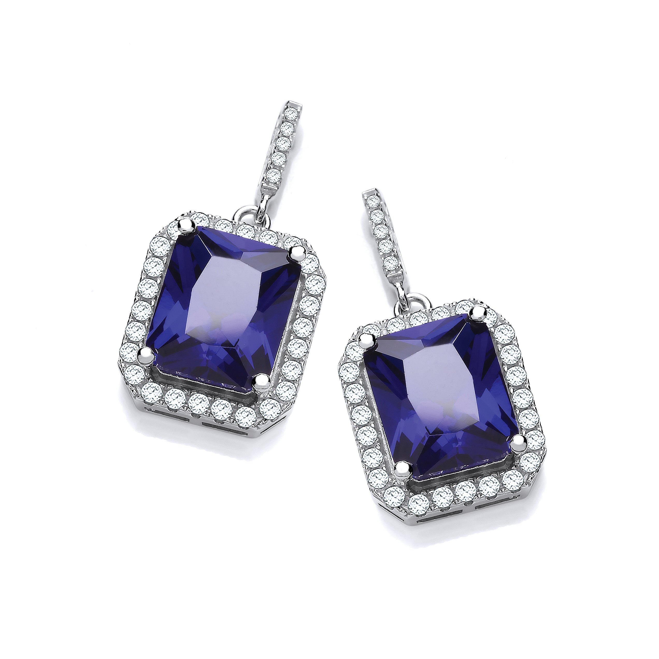 Micro Pave Emerald Cut Sappire Blue Cubic Zirconia Drop Earrings - Silver
