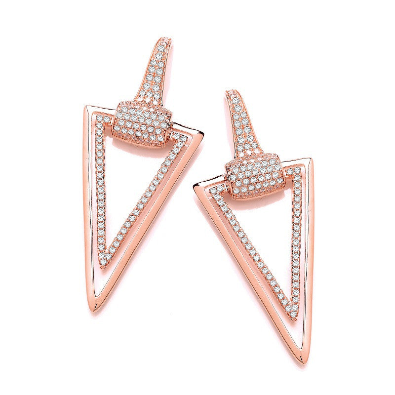 Rose Gold Coated Silver Triangle Drop Cubic Zirconia Earrings - Silver