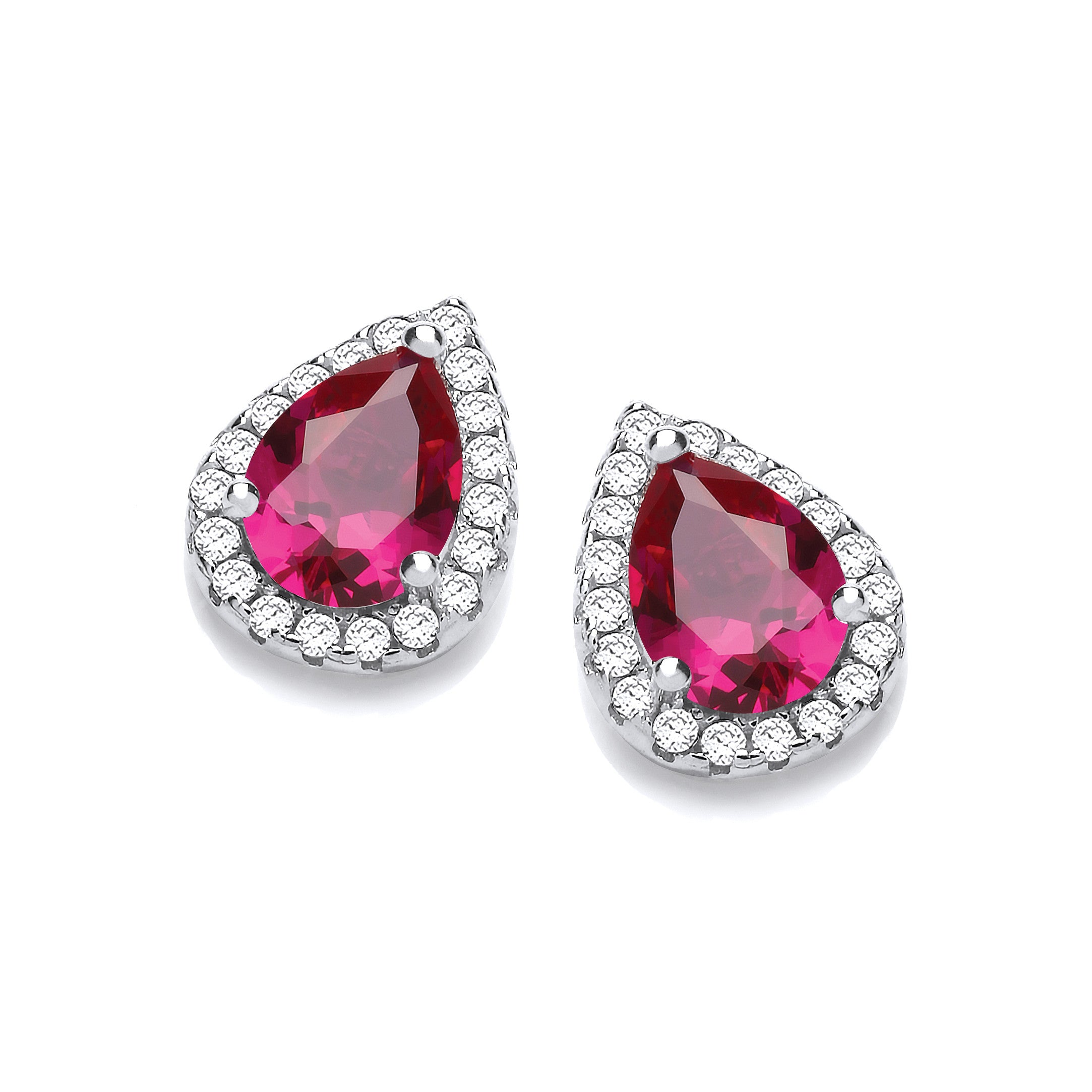 Teardrop Ruby Red Cubic Zirconia Stud Earrings - Silver