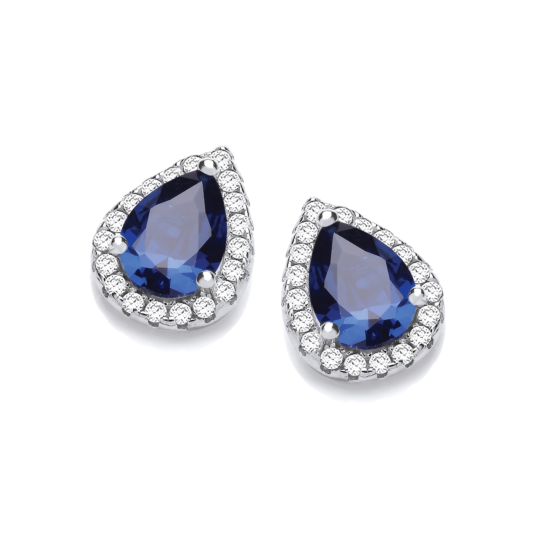 Teardrop Sapphire Blue Cubic Zirconia Stud Earrings - Silver