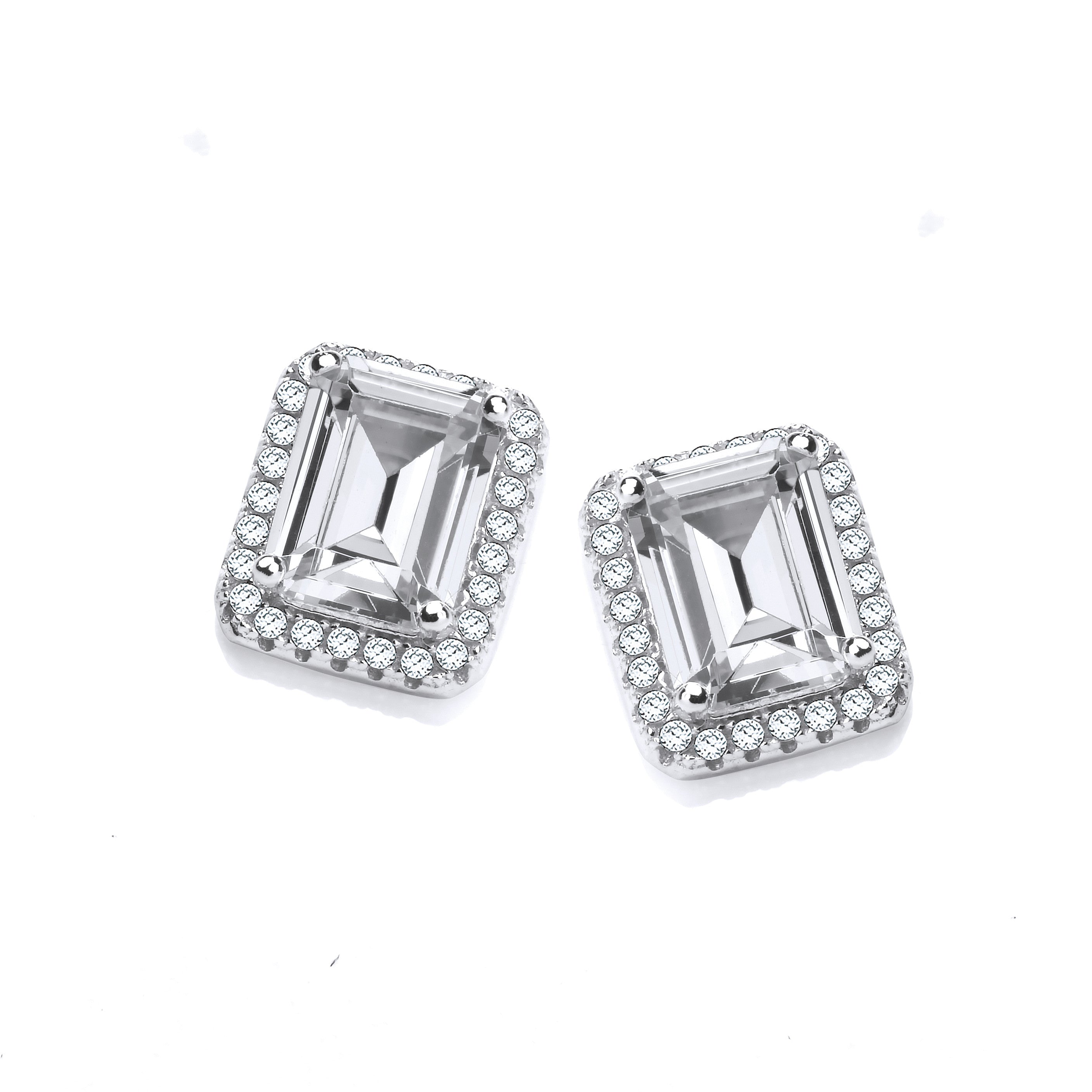 Micro Pave Emerald Cut Cubic Zirconia Silver Stud Earrings - Silver