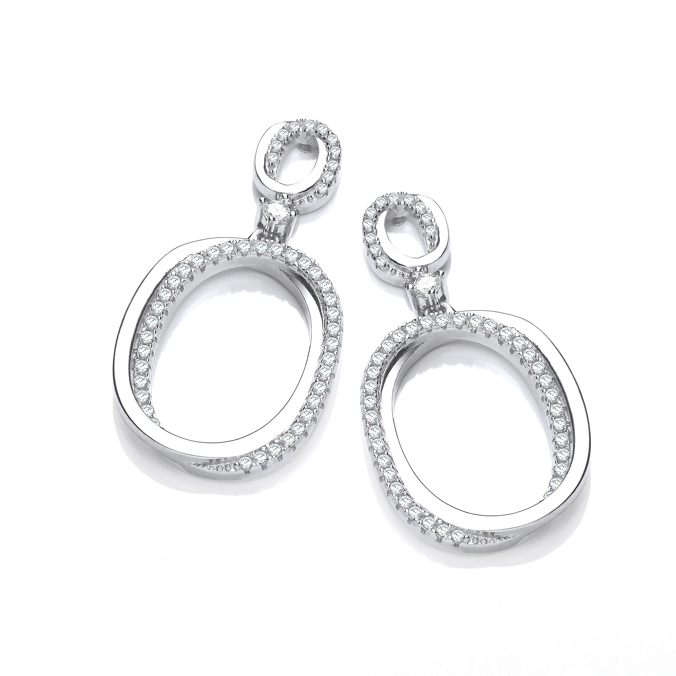 Oval Plain & Cubic Zirconias Drop Earrings - Silver