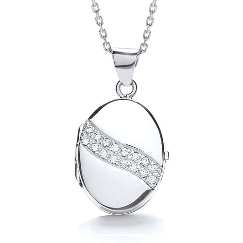Oval Shape with 2 Row of Cubic Zirconia's Across Locket - Silver