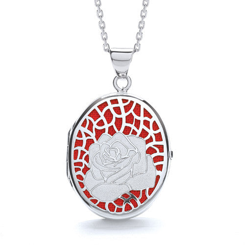 Oval Rose on Red Background Locket - Silver