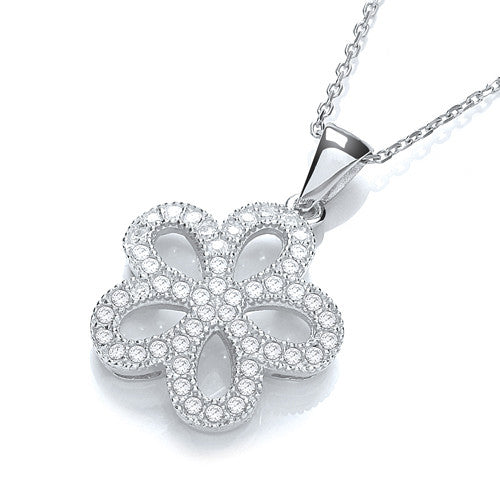 Daisy Shape Cluster Cubic Zirconia Pendant with 18" Chain - Silver