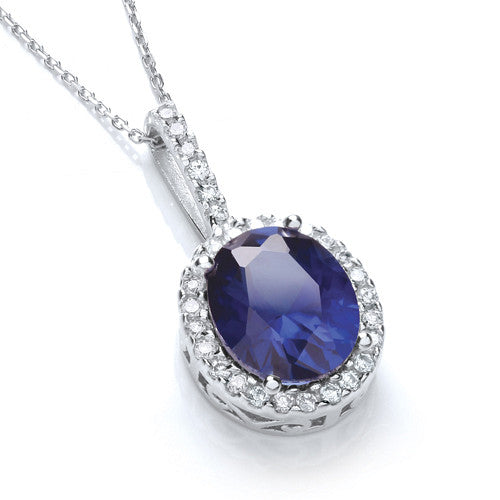 Oval Cluster Deep Blue Cubic Zirconia Pendant with 18" Chain - Silver
