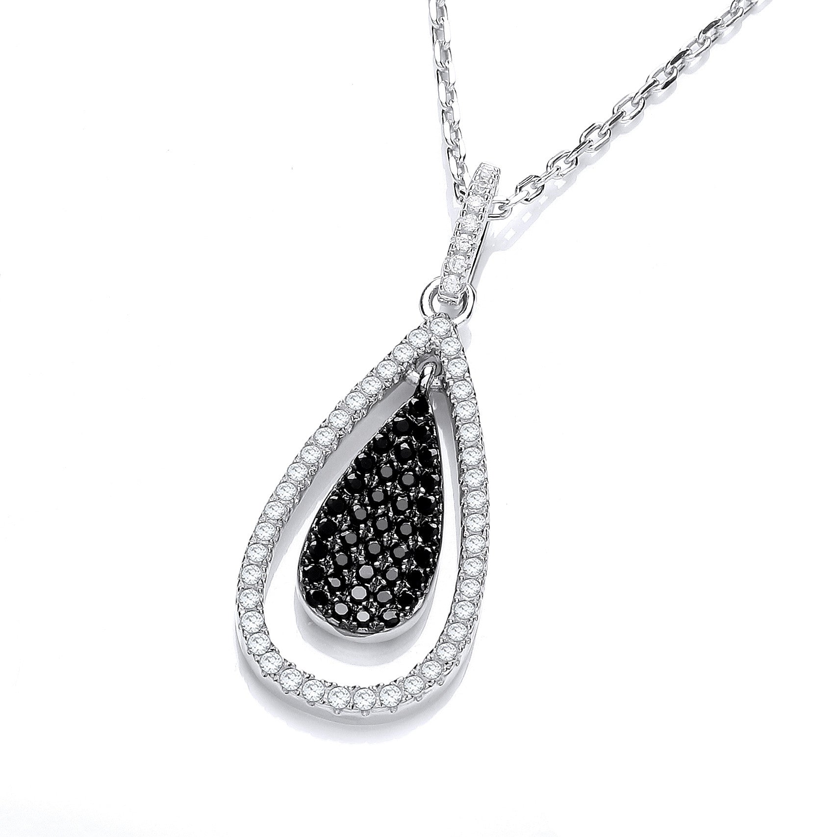Micro Pave' Black & White Drop Pendant with 18" Chain - Silver