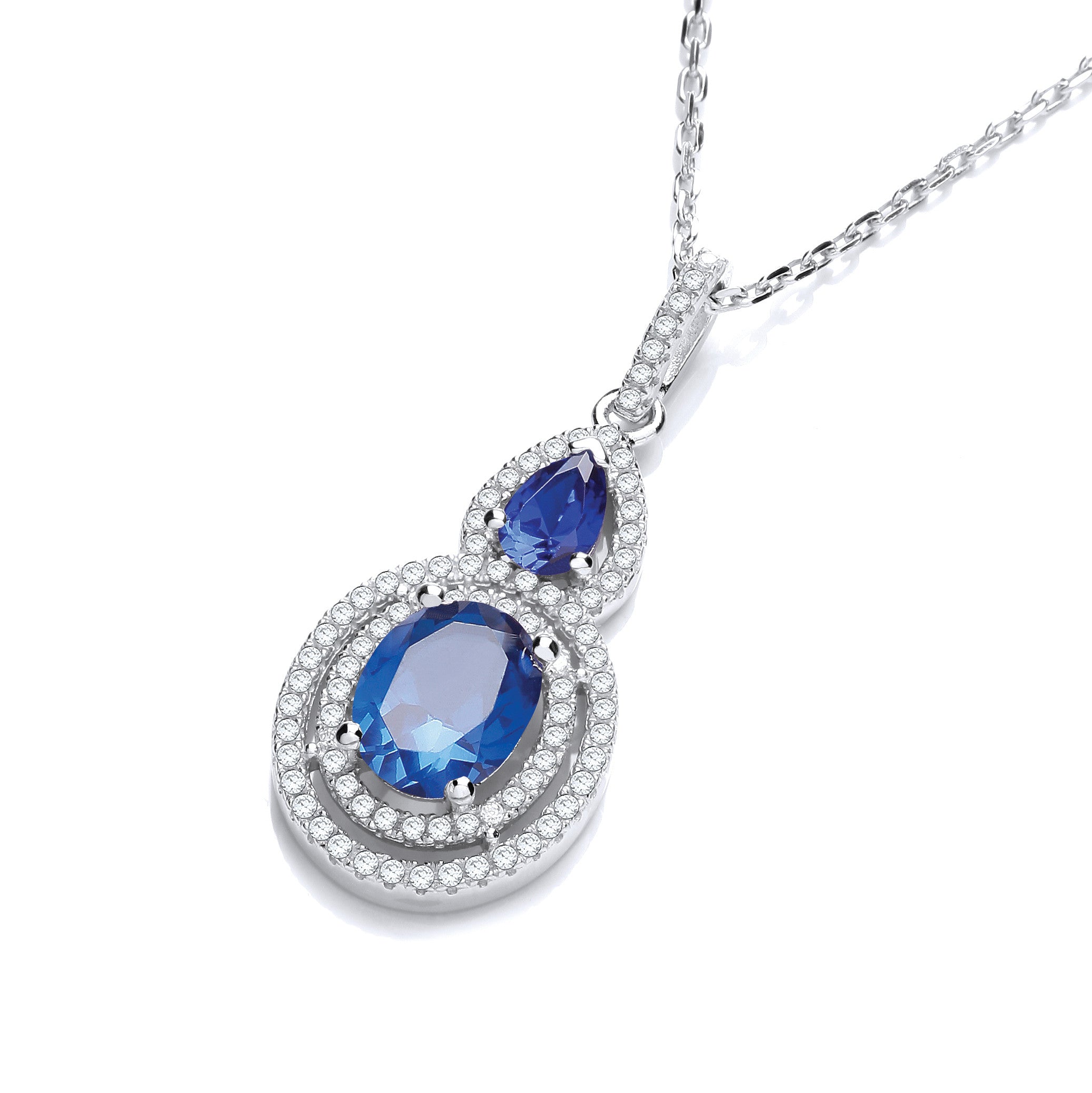 Micro Pave' Sapphire & White Drop Pendant with 18" Chain - Silver