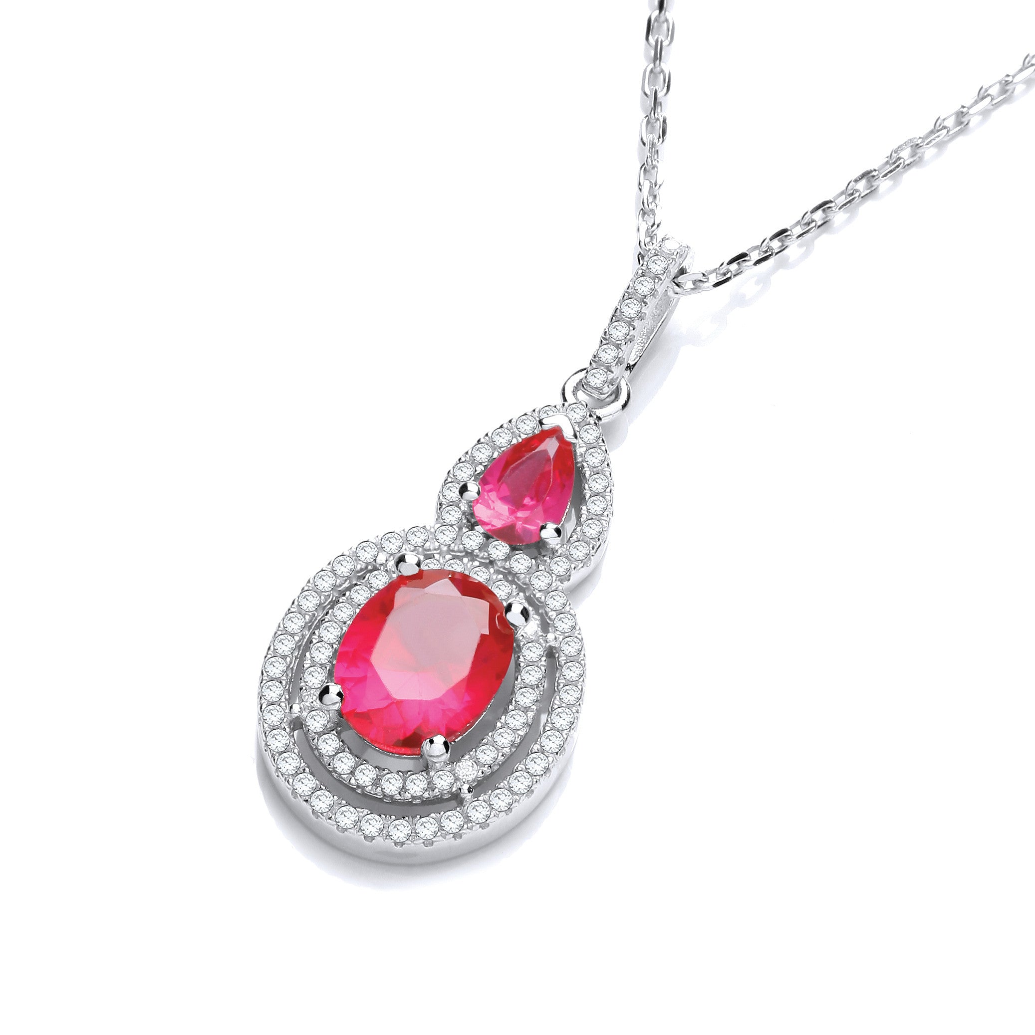 Micro Pave' Red & White Drop Pendant with 18" Chain - Silver