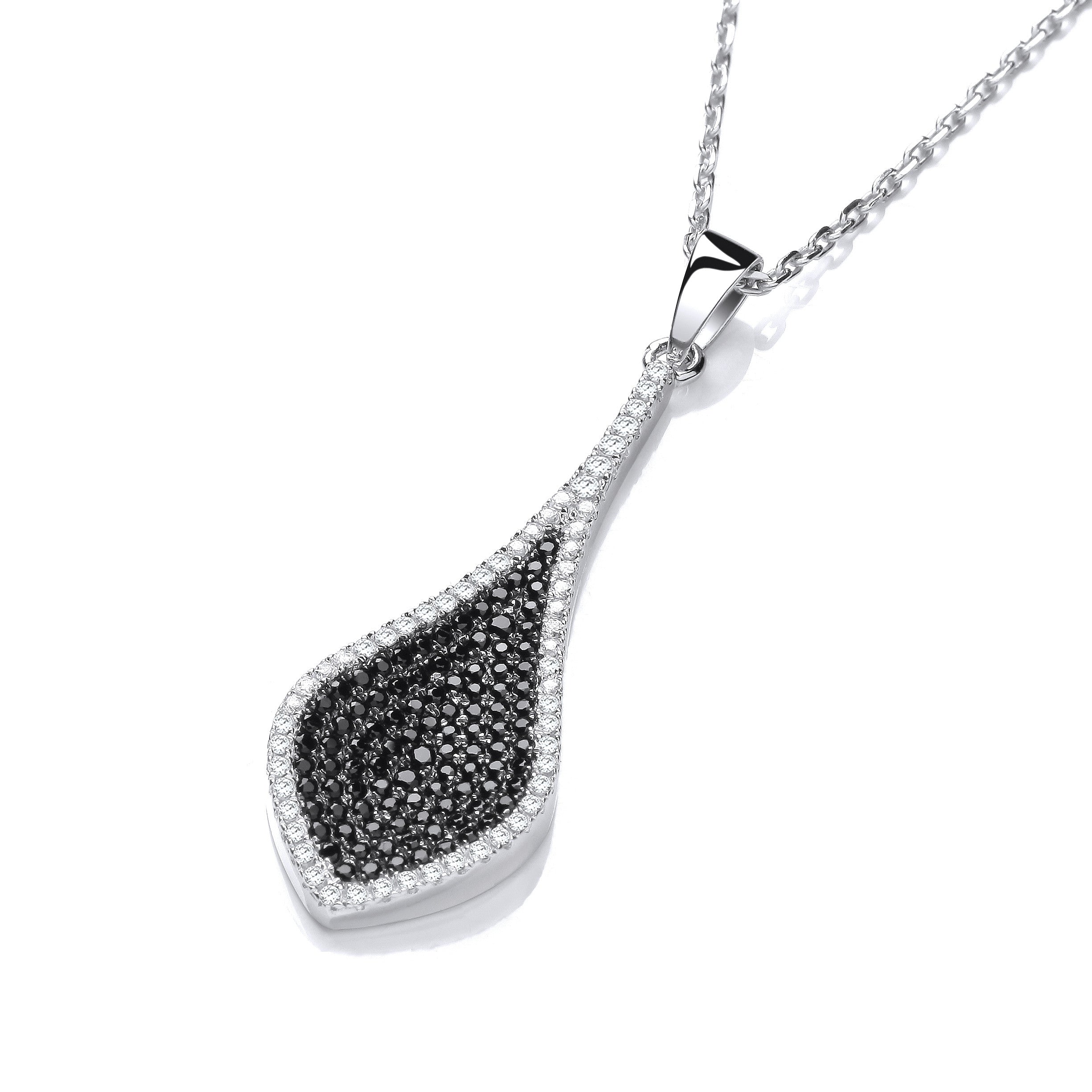 Micro Pave' Black & Clear Drop Pendant with 18" Chain - Silver