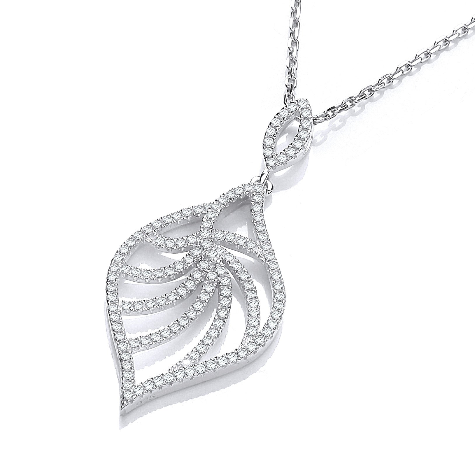 Micro Pave' Leaf Shape Cubic Zirconia Pendant with 18" Chain - Silver