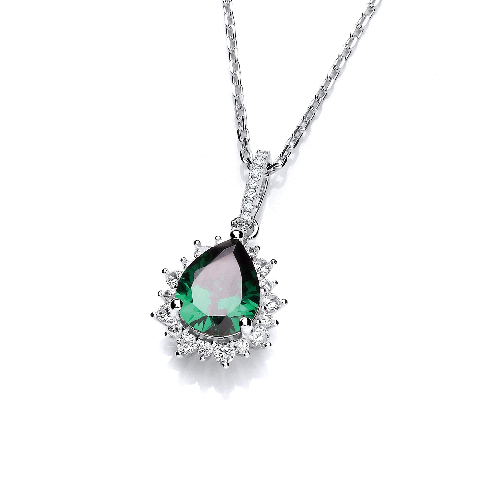 Silver Green Teardrop Cubic Zirconia Pendant with 18" Chain - Silver