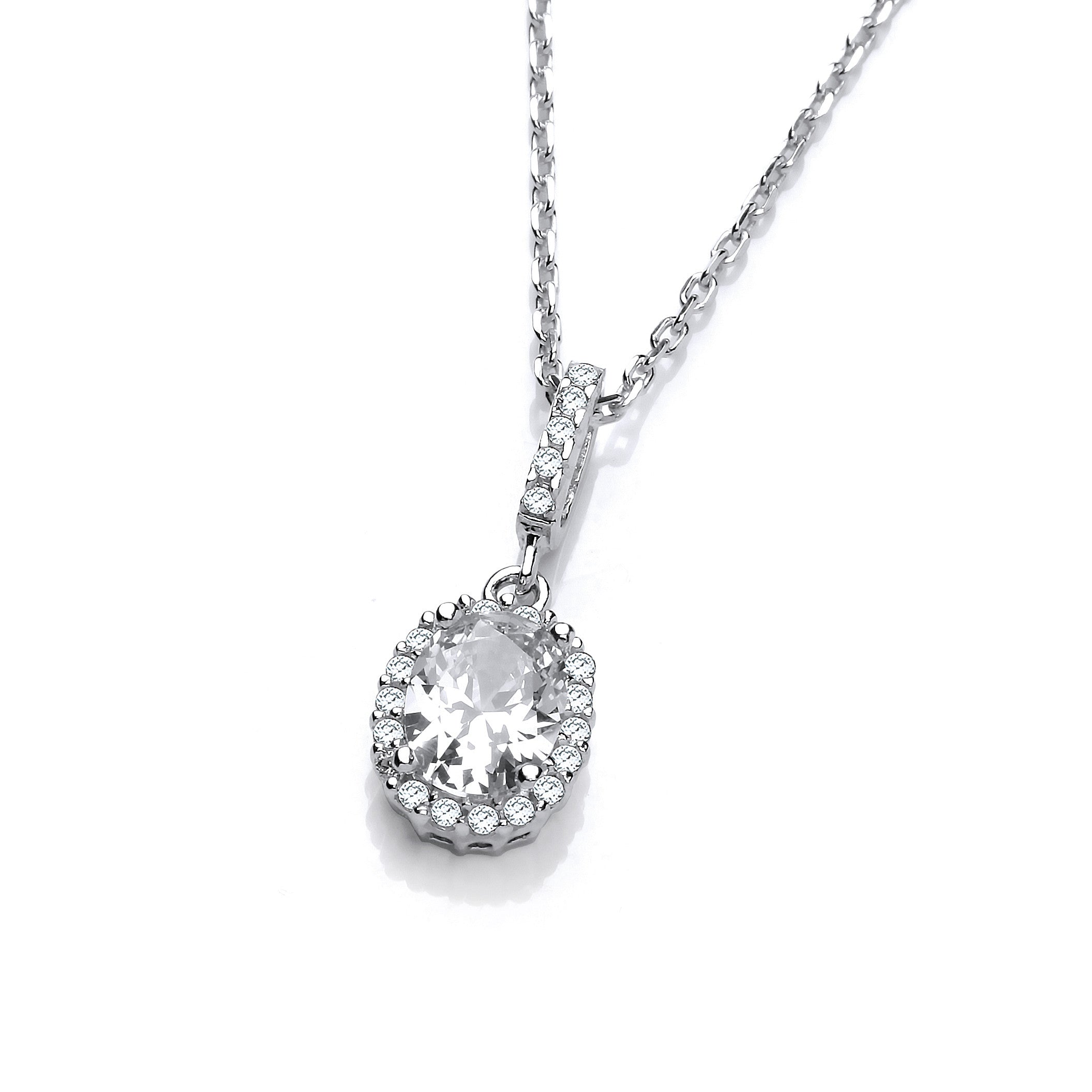 Oval Clear Cubic Zirconia Drop Pendant with 18" Chain - Silver