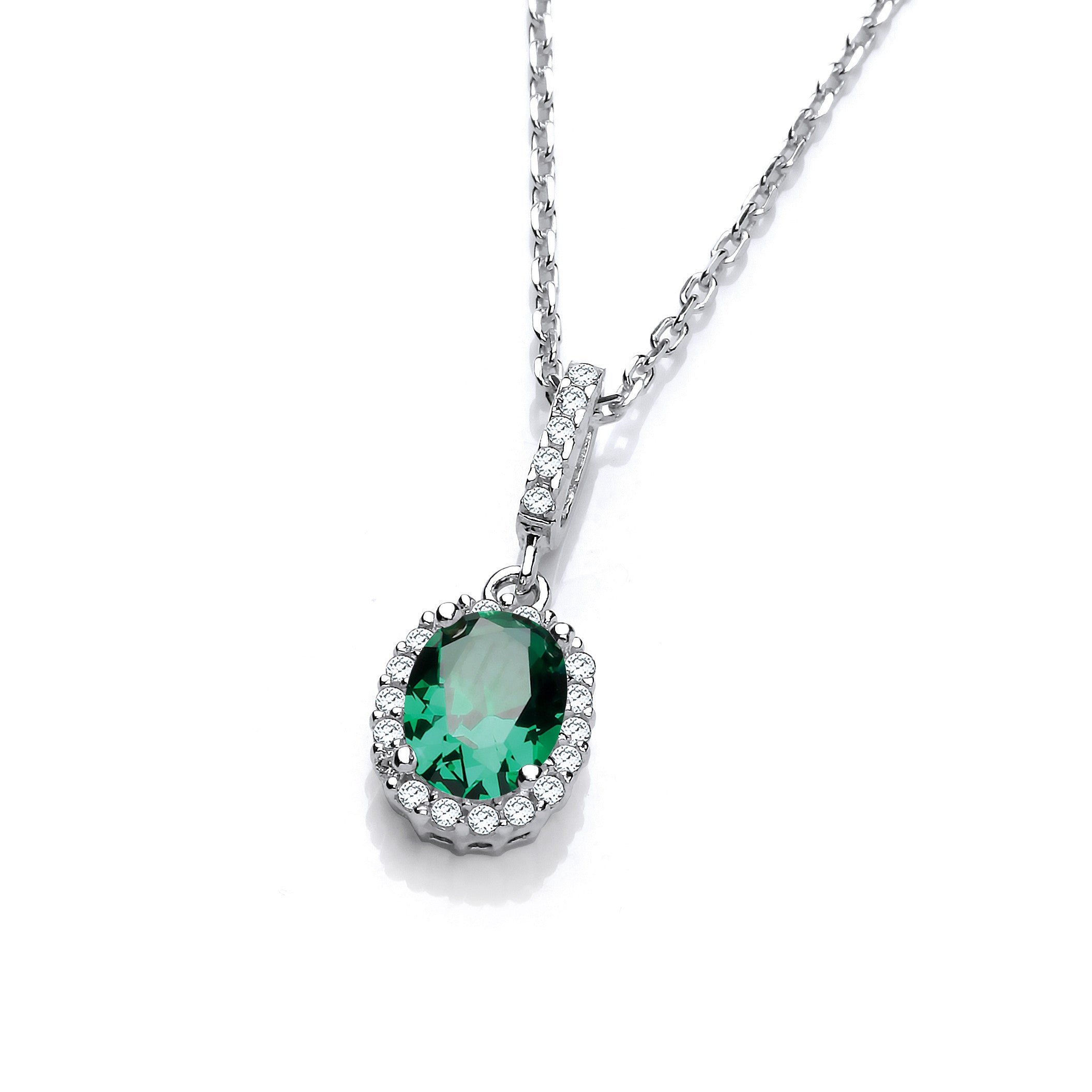 Oval Green Cubic Zirconia Drop Pendant with 18" Chain - Silver
