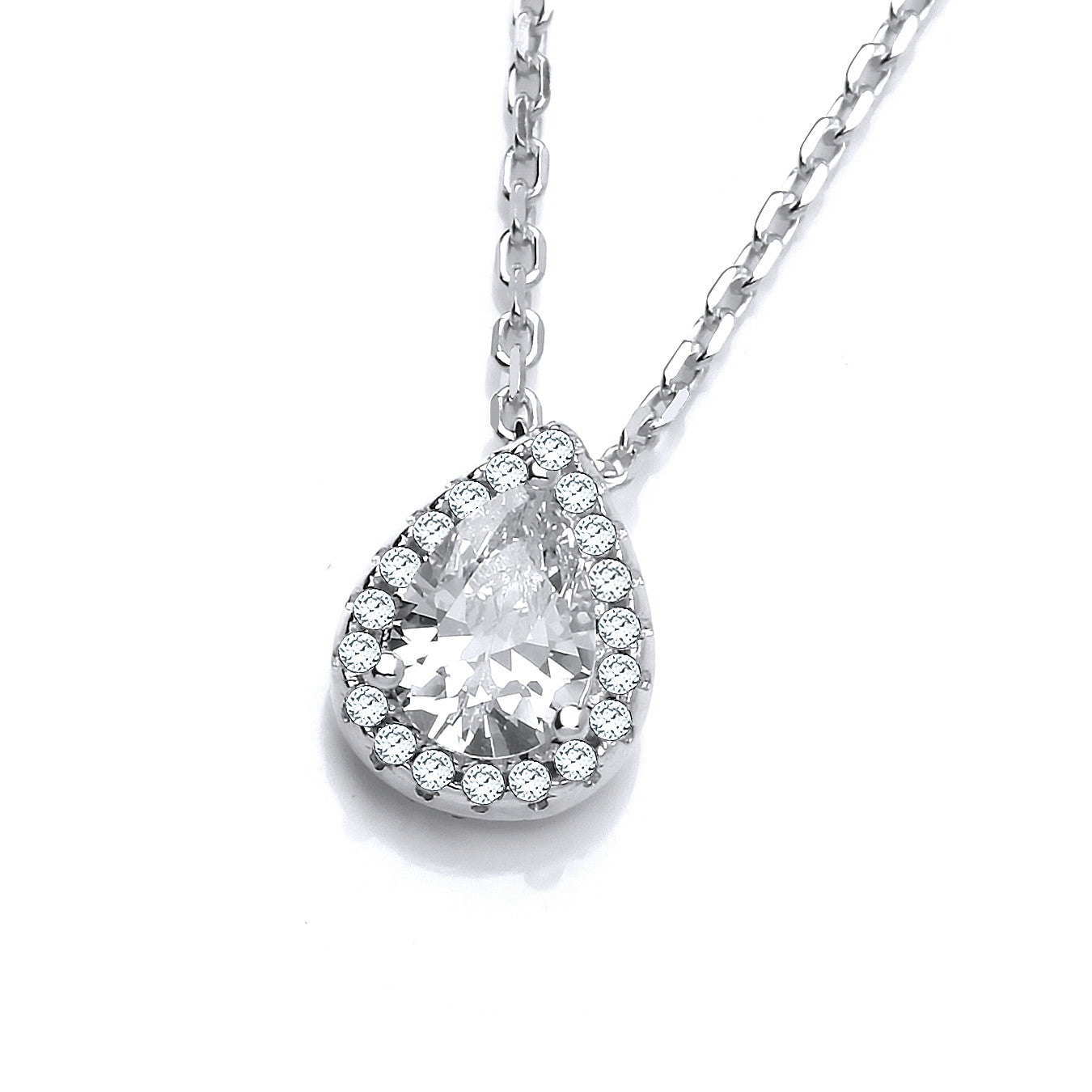 Teardrop Clear Cubic Zirconia Pendant with 18" Chain - Silver