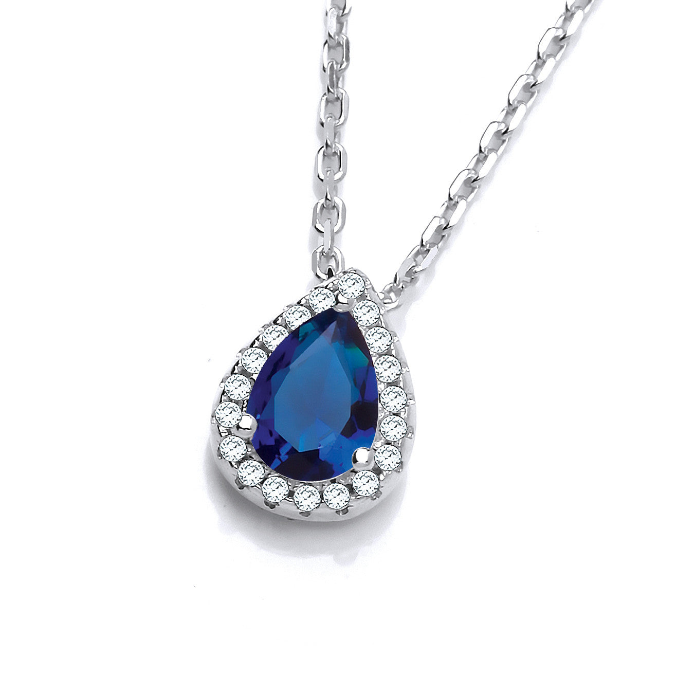 Teardrop Blue Cubic Zirconia Pendant with 18" Chain - Silver