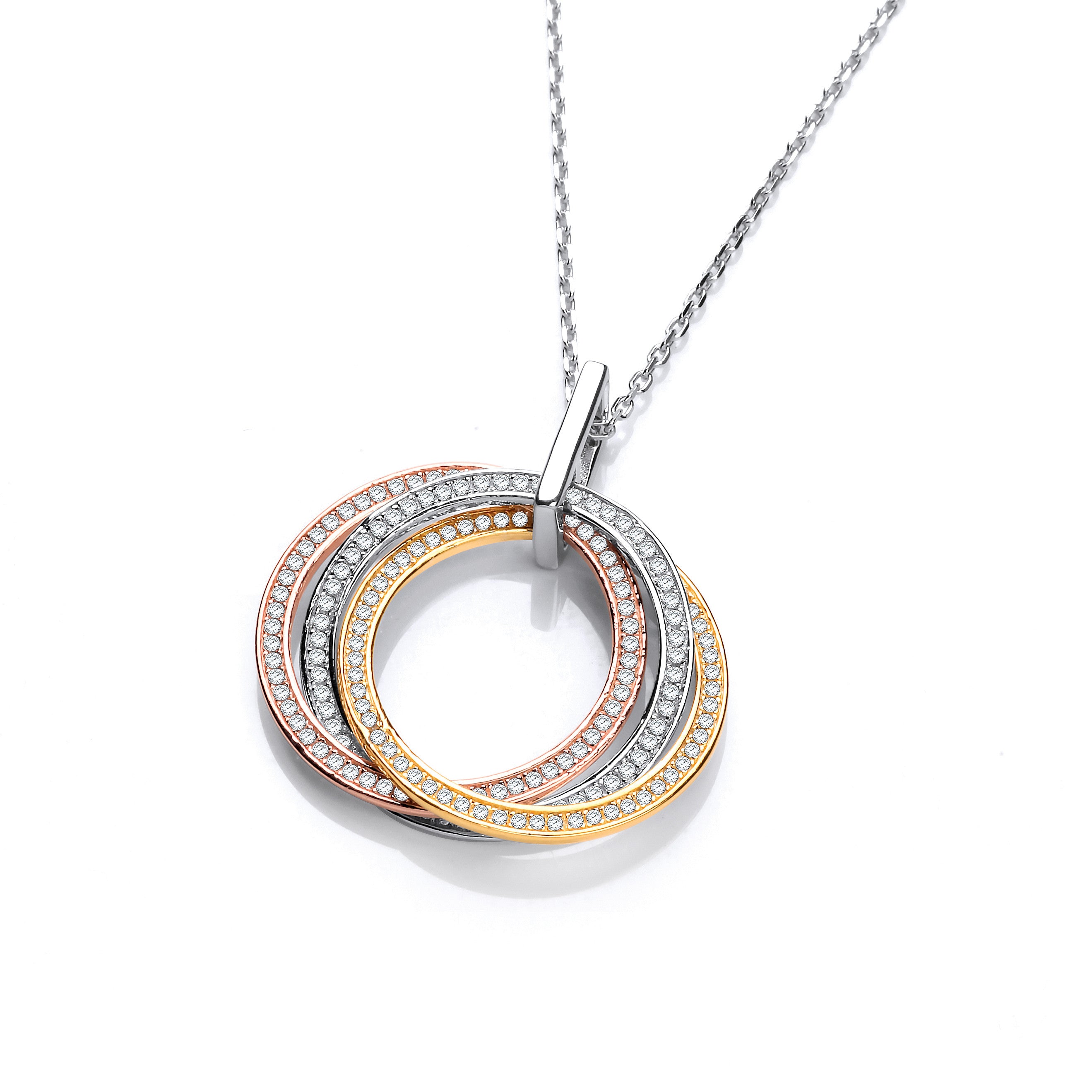 Silver, Yellow & Rose Gold Plated Cubic Zirconia Pendant with 18" Chain - Silver