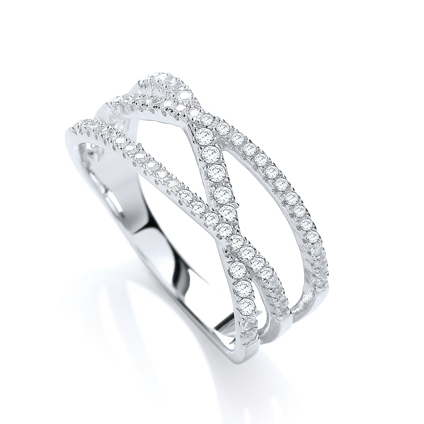 Micro Pave' 3 Row Cross Over with 61 Cubic Zirconia Ring - Silver