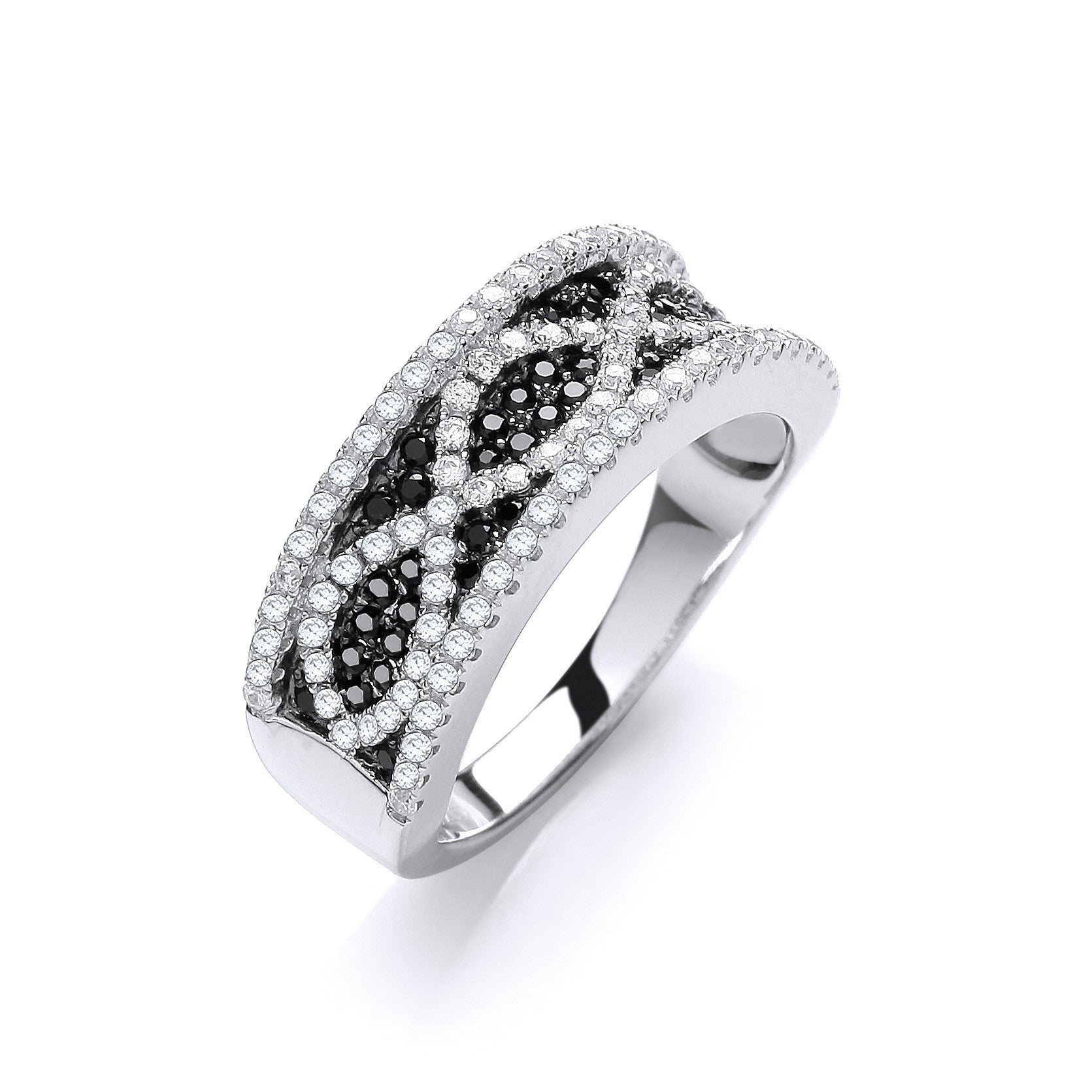 Micro Pave' Black/White Cubic Zirconia Ring - Silver