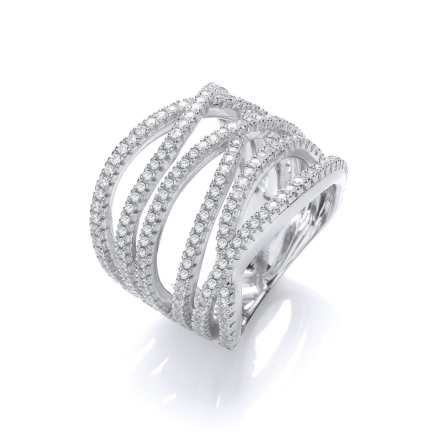 Micro Pave' Six Rows of Clear Cubic Zirconia Ring - Silver