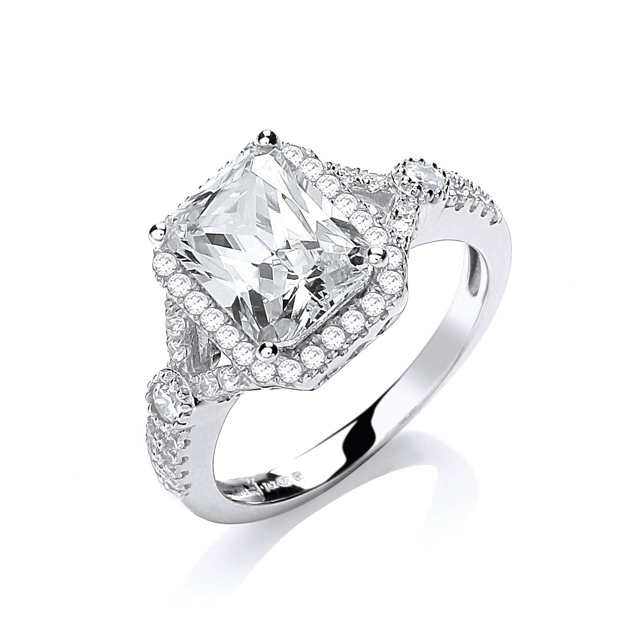 Micro Pave' Emerald Cut Centre Cubic Zirconia Ring - Silver