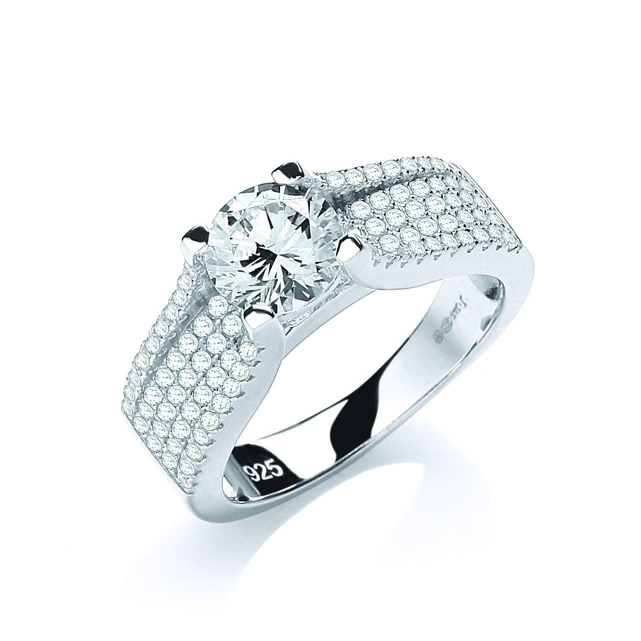 Micro Pave' Round Brilliant Centre Cubic Zirconia Ring - Silver