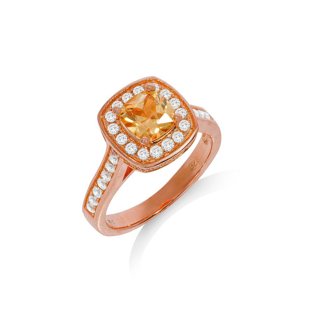 Micro Pave Rose Coated Champagne Centre Silver Cubic Zirconia Ring - Silver