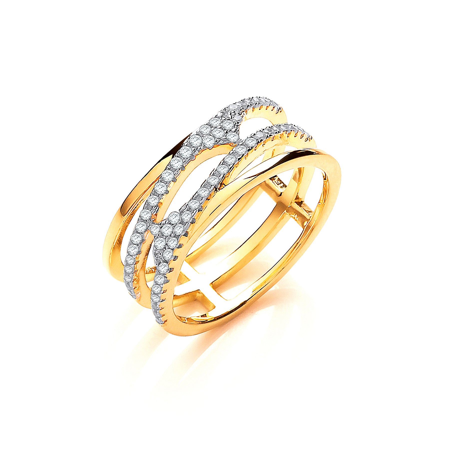 Yellow Gold Coated Silver, Three Row, Micro Pave Cubic Zirconia Ring - Silver