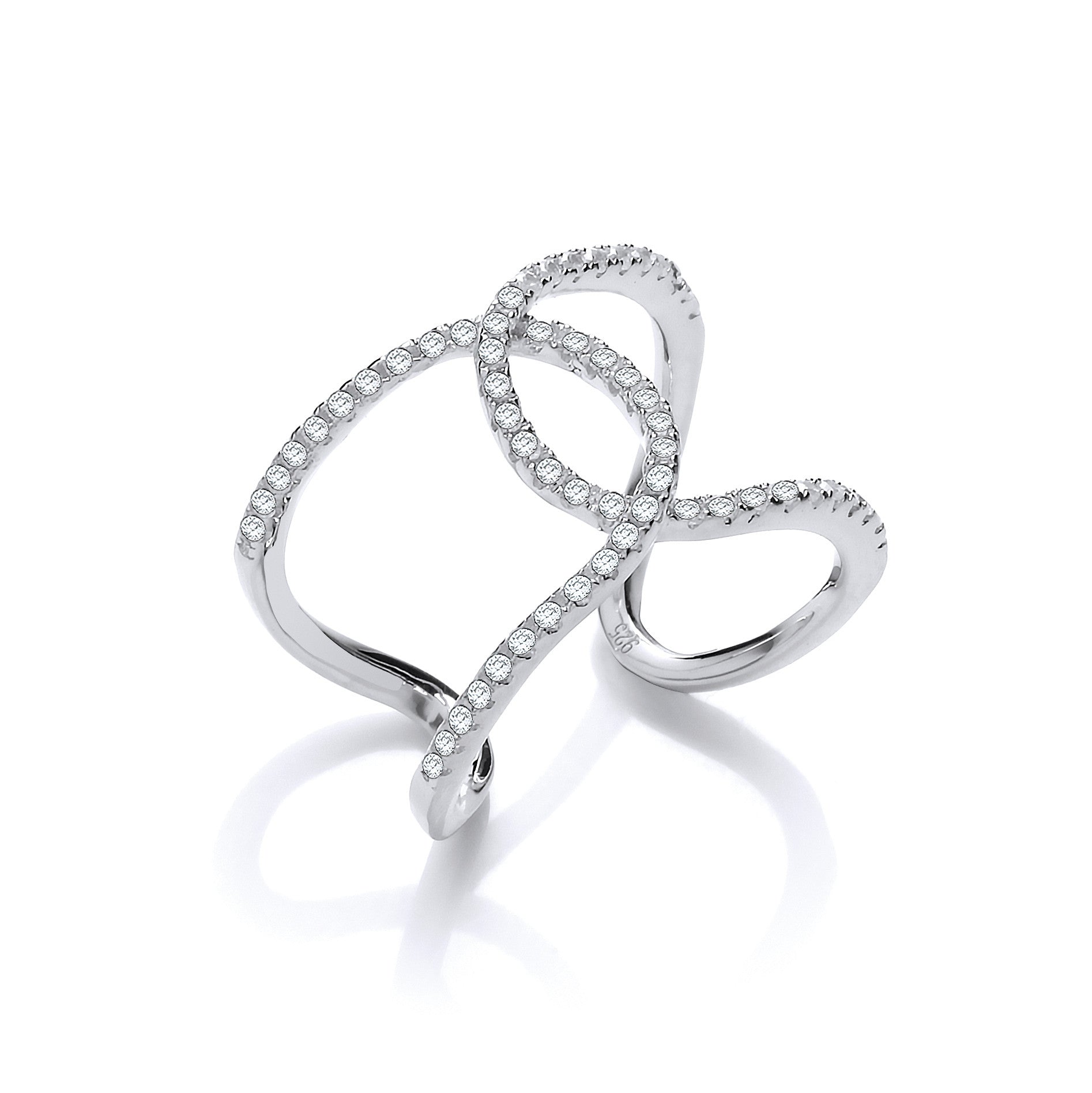 Micro Pave Cubic Zirconia Two Row Interlocking Cuff Silver Ring - Silver