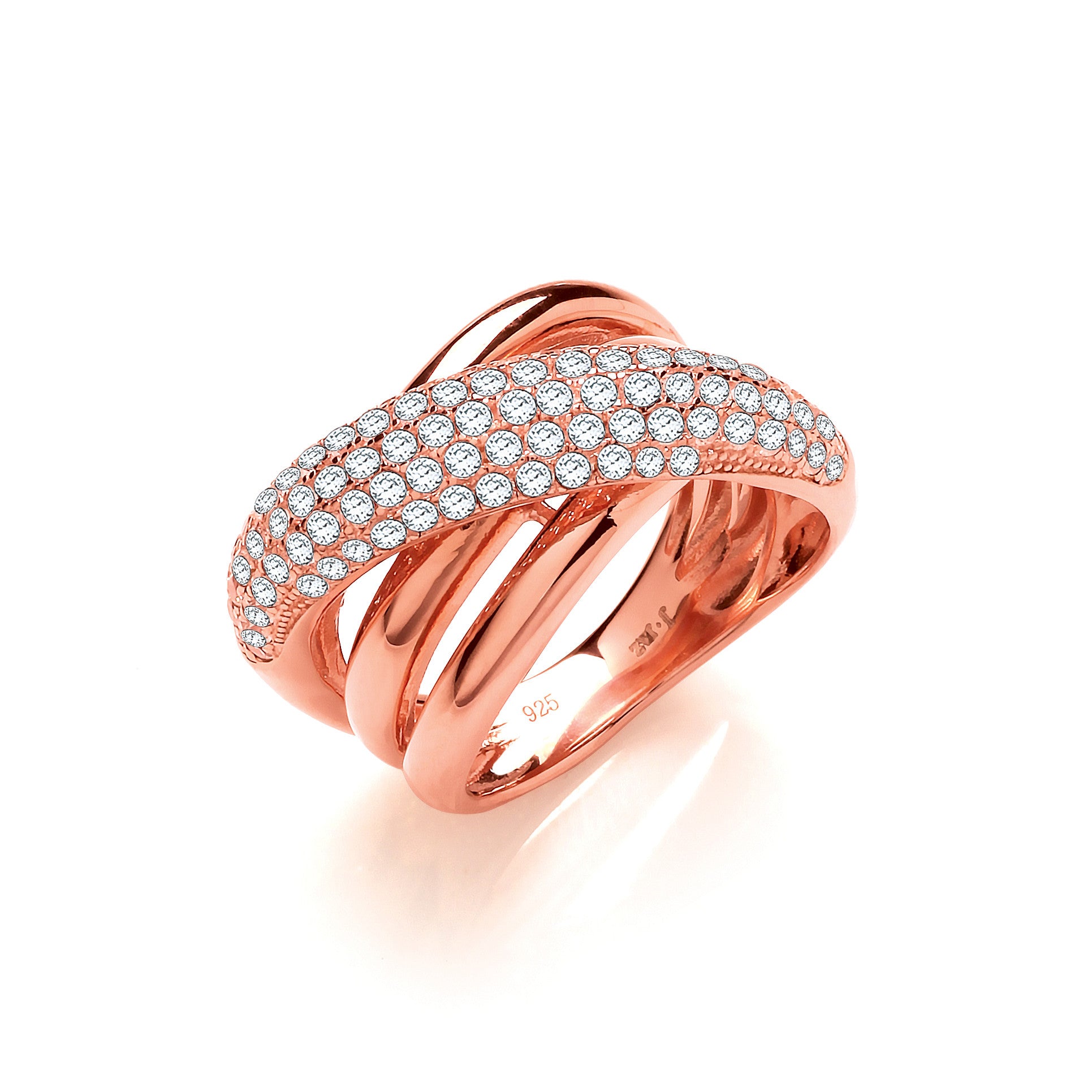 Rose Coated Intertwined Design Silver Cubic Zirconia Ring - Silver