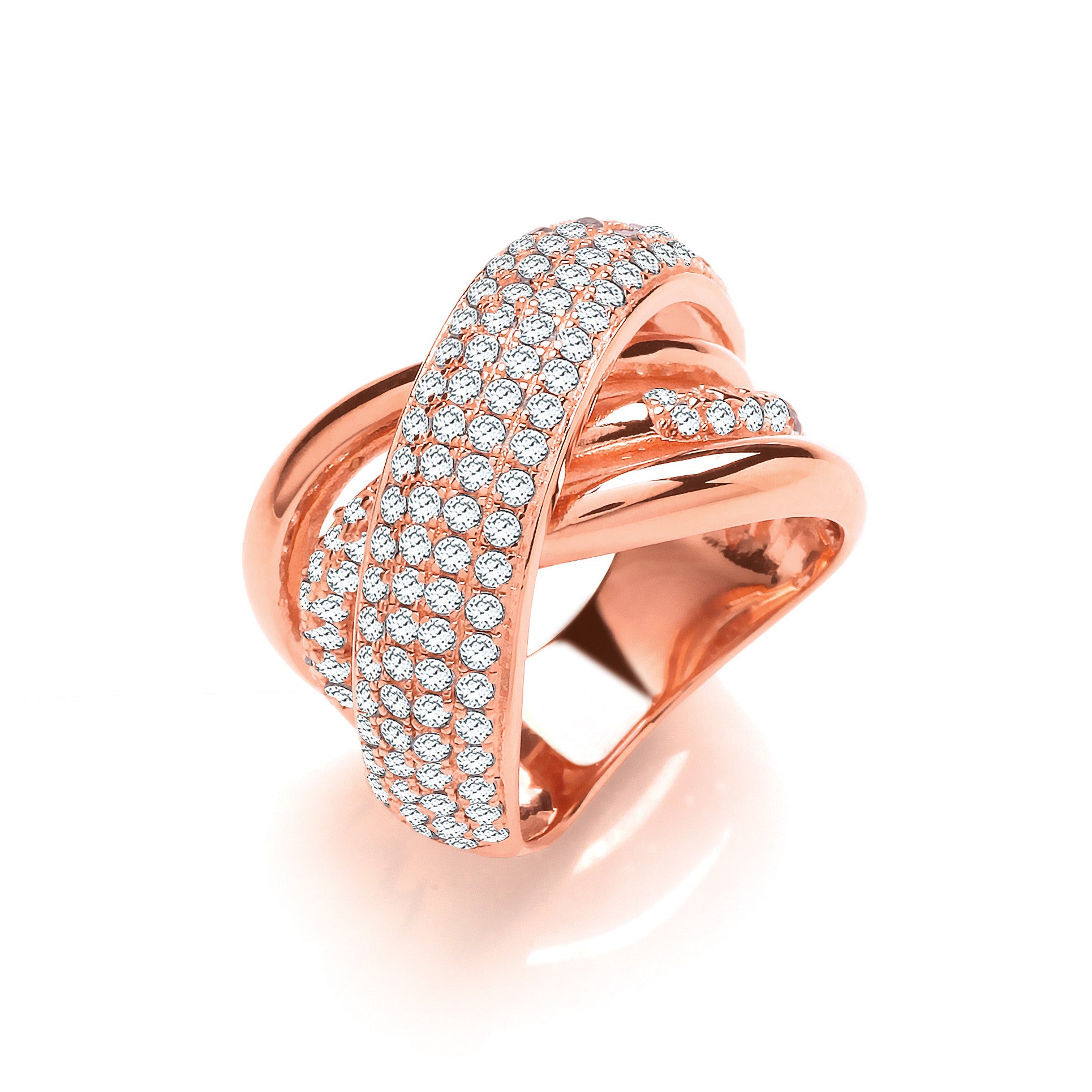 Rose Coated Large Intertwined Design Silver Cubic Zirconia Ring - Silver