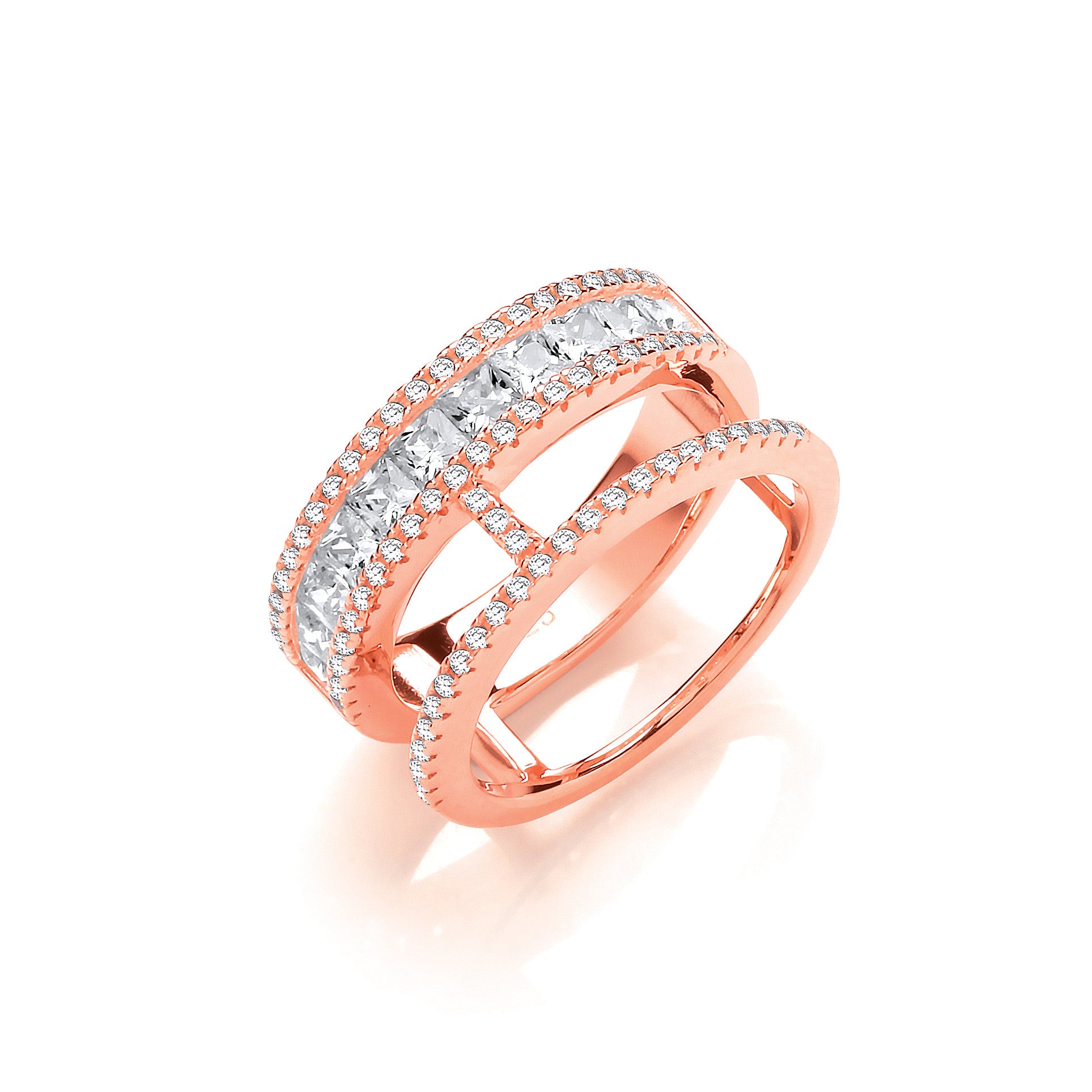 Princess Cut and Round Pave Cubic Zirconia Rose Gold Plated Silver Ring - Silver