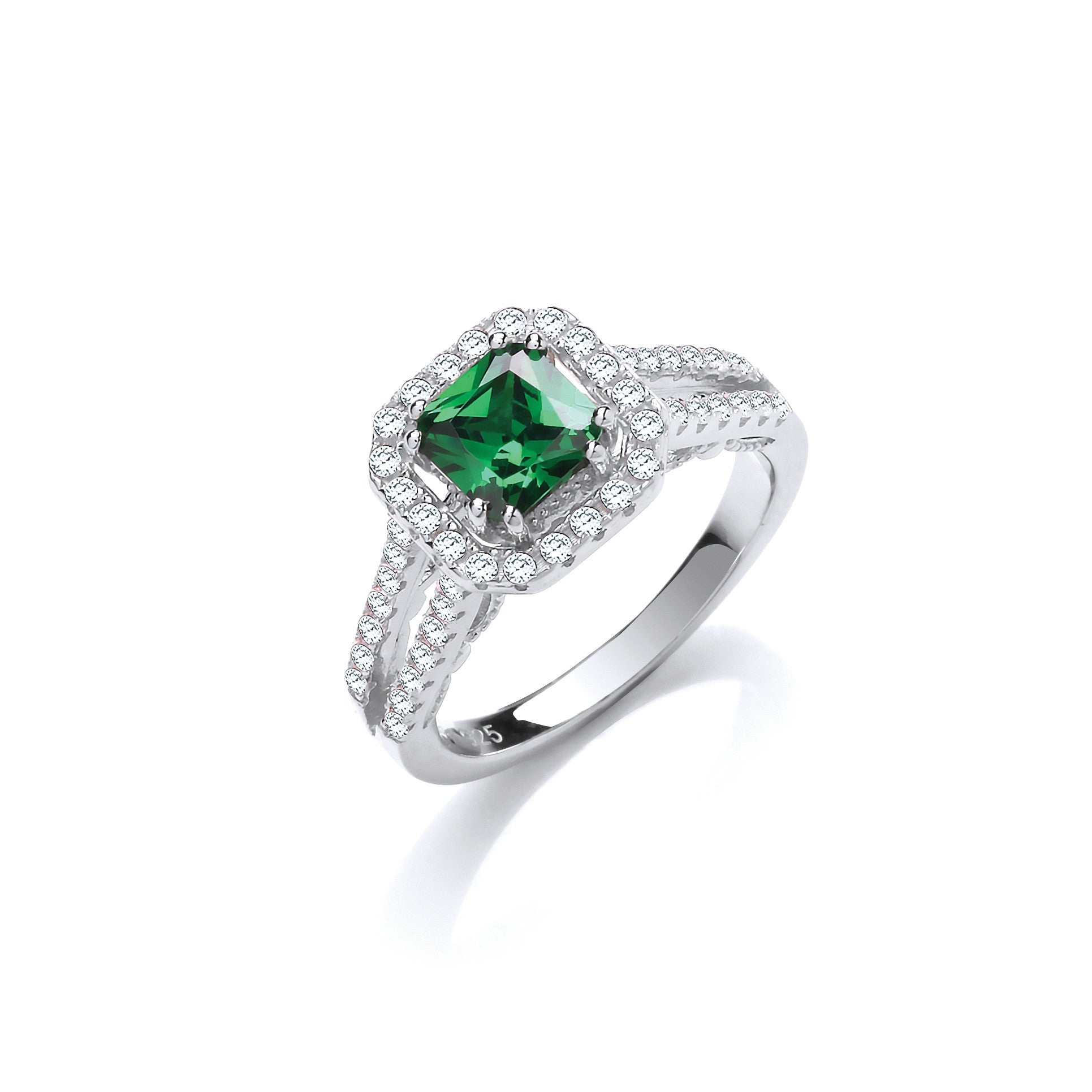 Green p/c Cubic Zirconia High Setting Split Shank Fancy Silver Ring - Silver