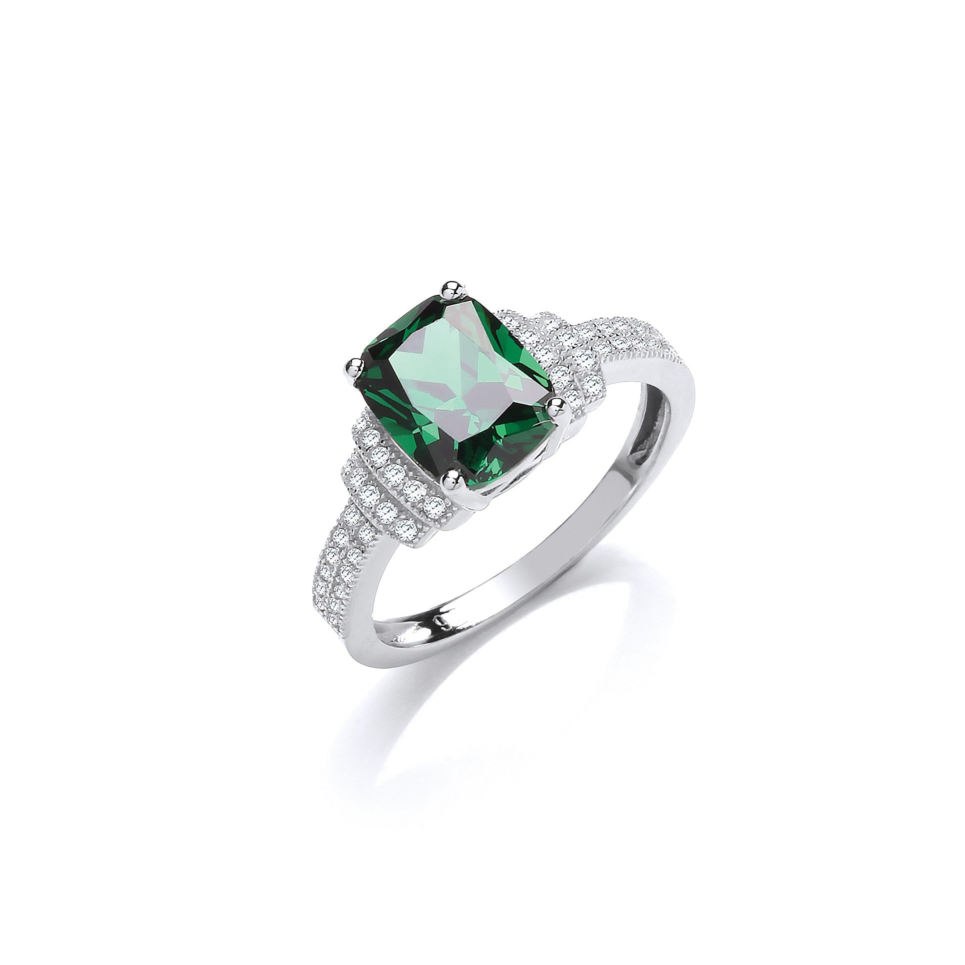 Emerald Cut Green Cubic Zirconia Centre with Clear Cubic Zirconia on Shoulder Silver Ring - Silver