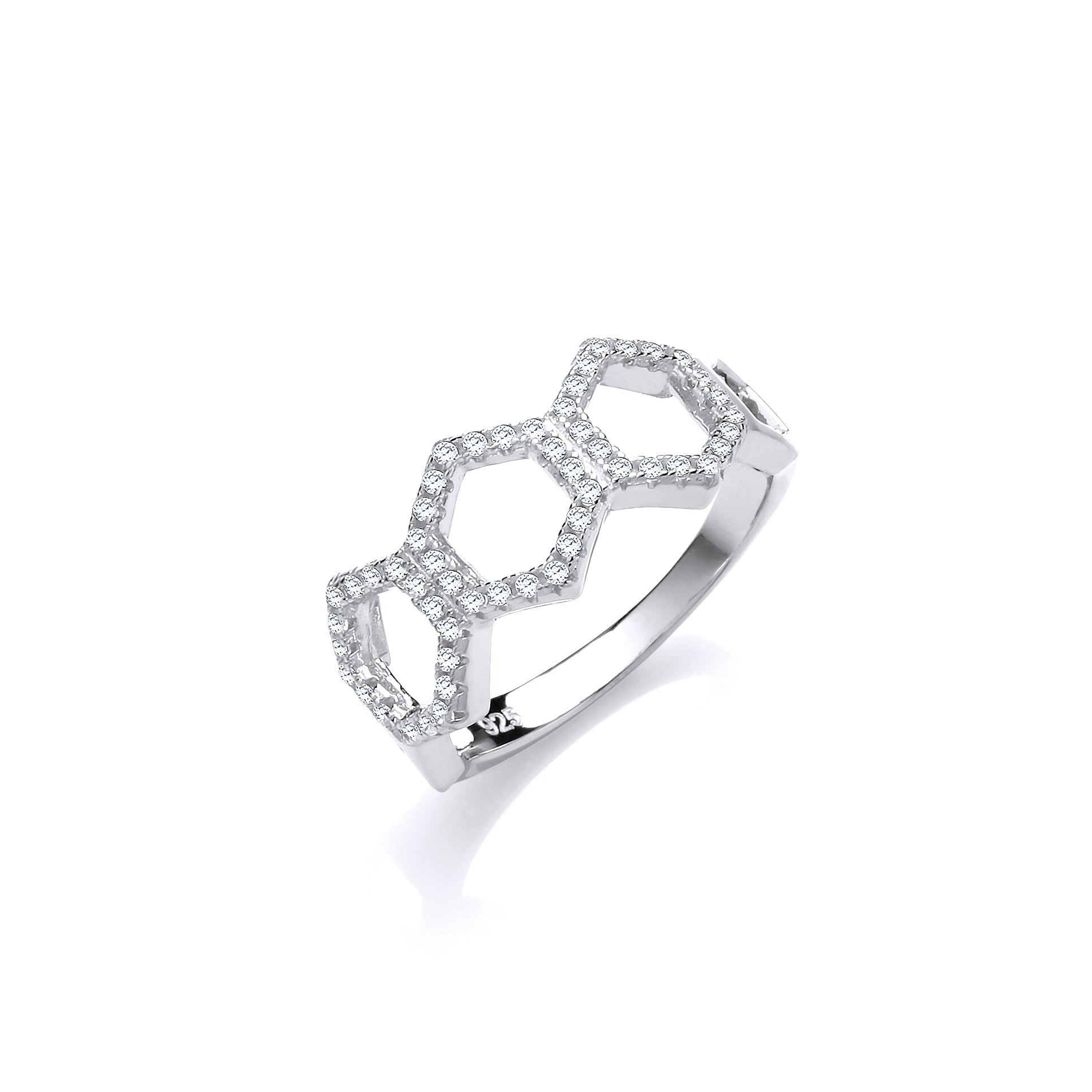 Honeycomb Style Micro Pave Cubic Zirconia Silver Ring - Silver