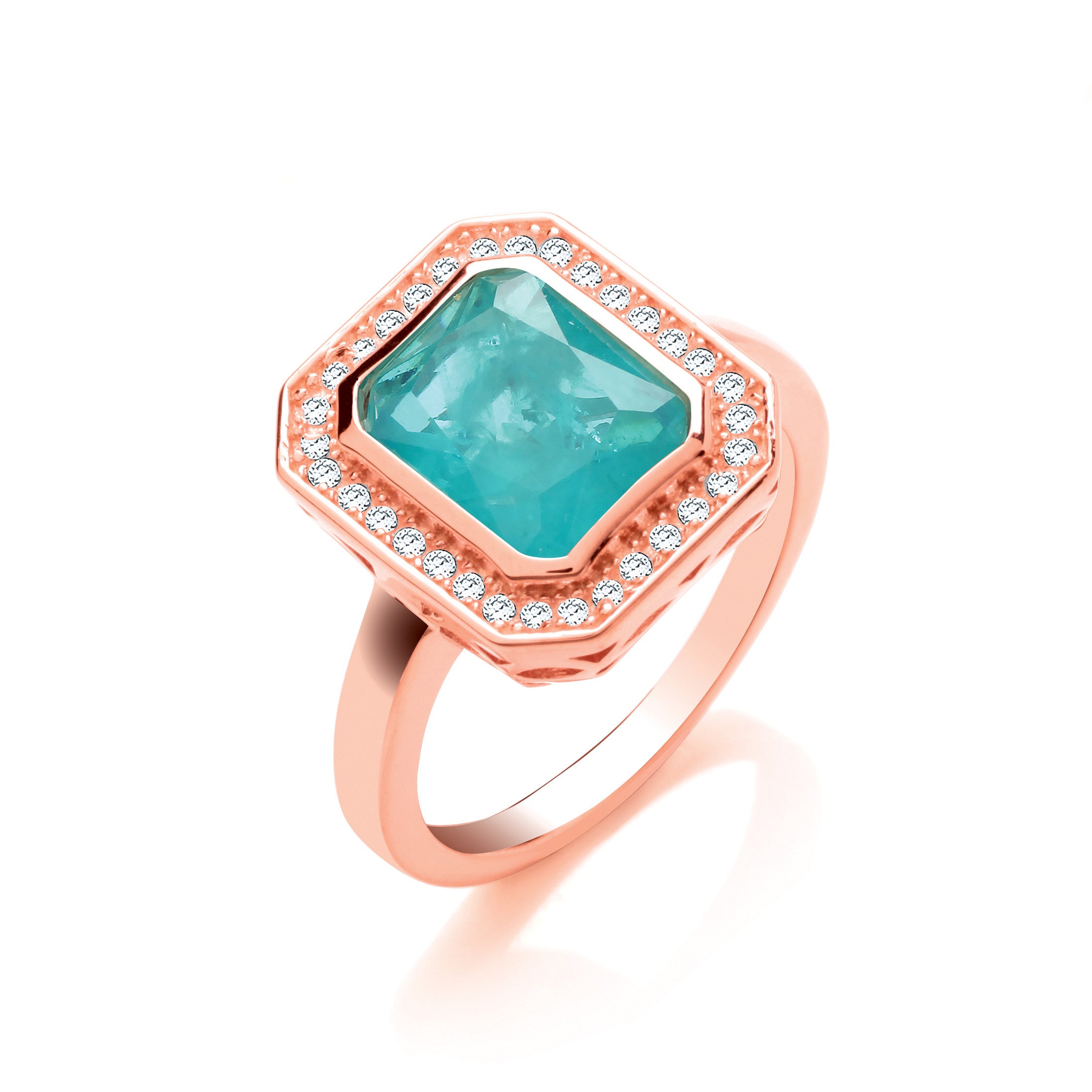 Green Natural Stone & Glass Emerald Cut Rose Gold Plated Silver Ring - Silver