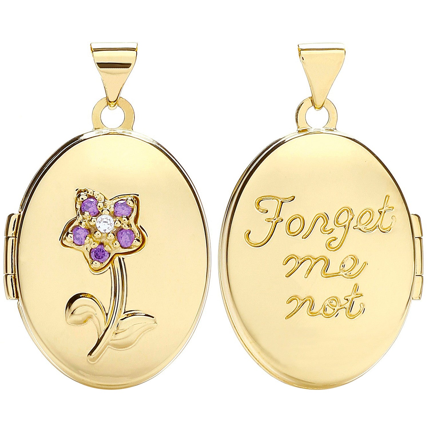 Yellow Gold Oval Double Sided Locket with Purple Cubic Zirconia
