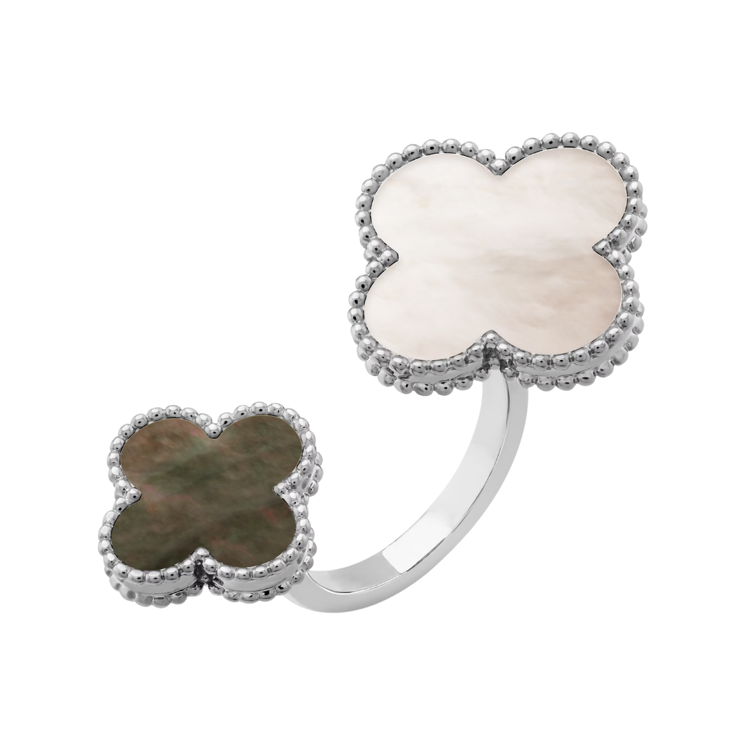 Van Cleef & Arpels Magic Alhambra Between the Finger Ring Black & White Mother-Of-Pearl 18K White Gold