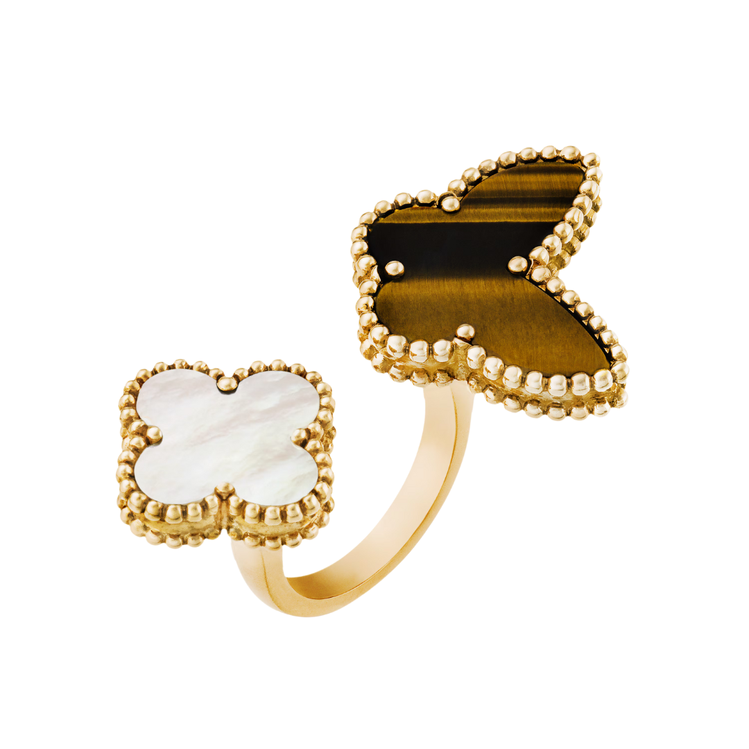 Van Cleef & Arpels Lucky Alhambra Between the Finger Ring Mother-Of-Pearl and Tiger Eye 18K Yellow Gold