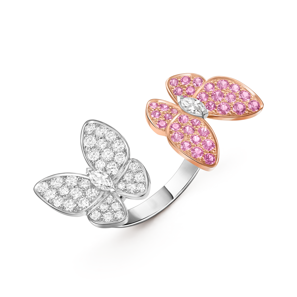 Van Cleef & Arpels Two Butterfly Pink Sapphire Diamond Between the Finger Ring 18K White & Rose Gold