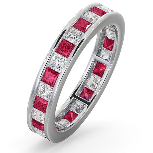 Platinum Channel Set Princess Cut Full Eternity Ring Natural Diamond 1.00ct Ruby 1.25ct H Si
