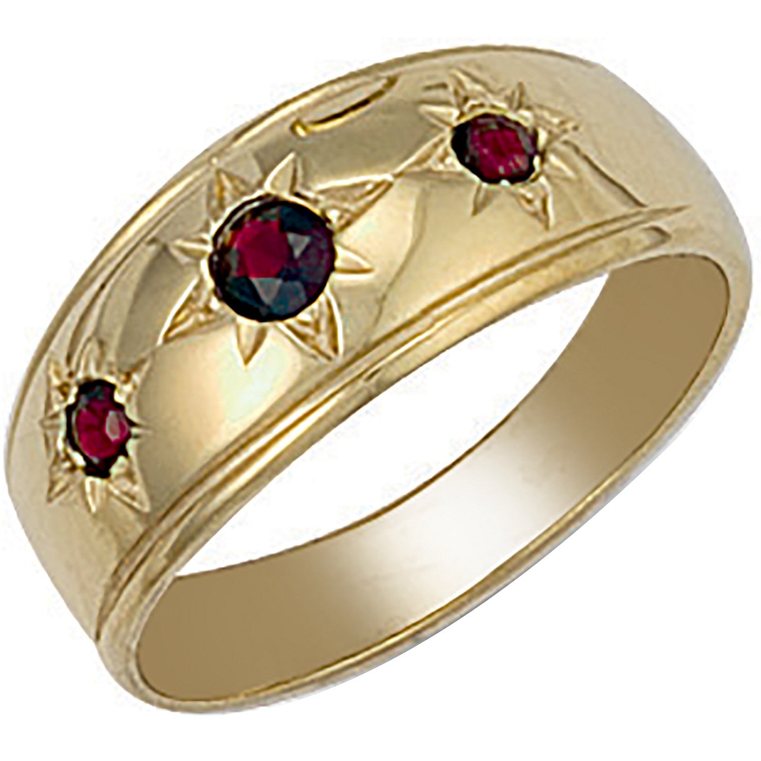 Yellow Gold Gents 3 Stone Garnet Ring - 9ct Gold