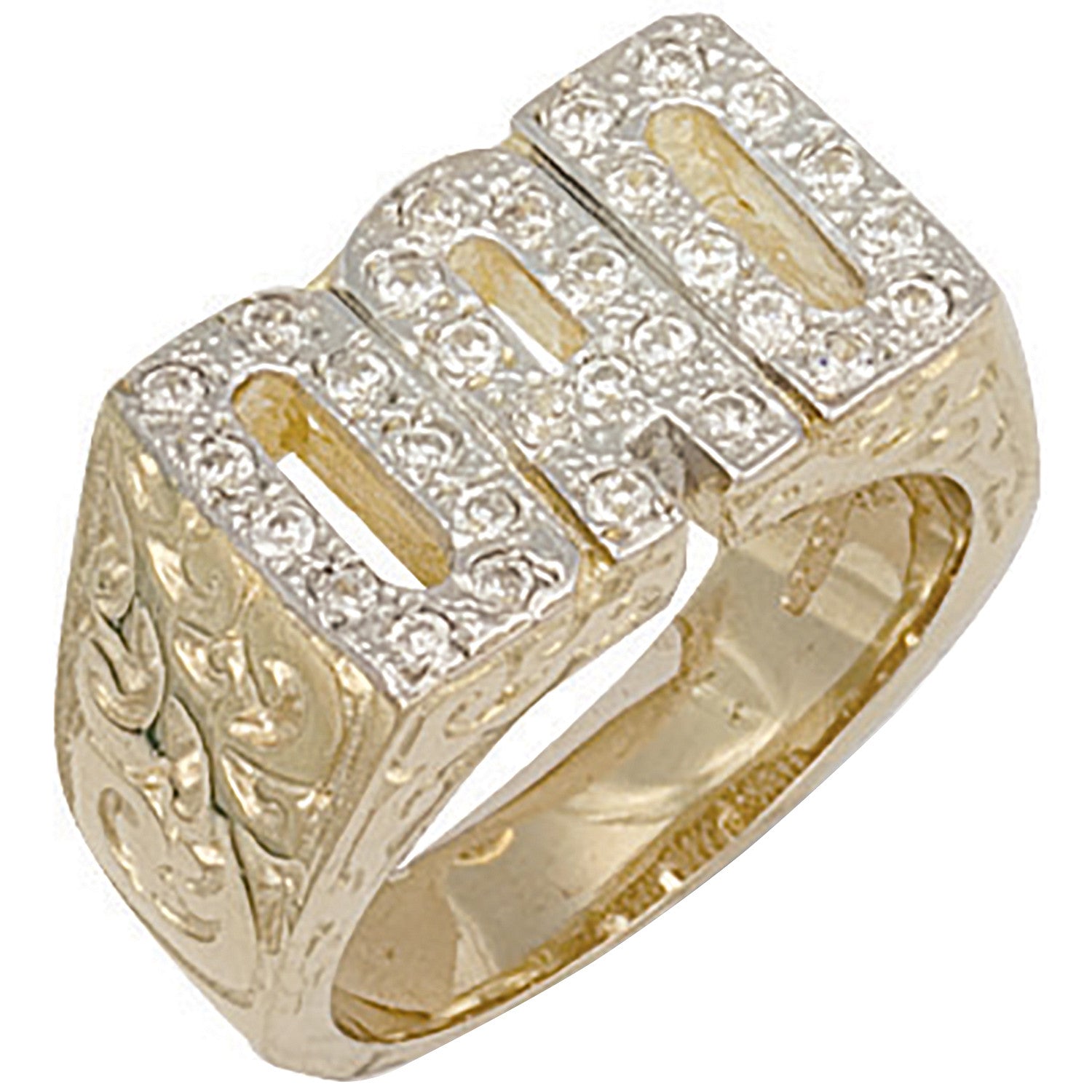 Yellow Gold Cubic Zirconia Barked Sides Dad Ring - 9ct Gold