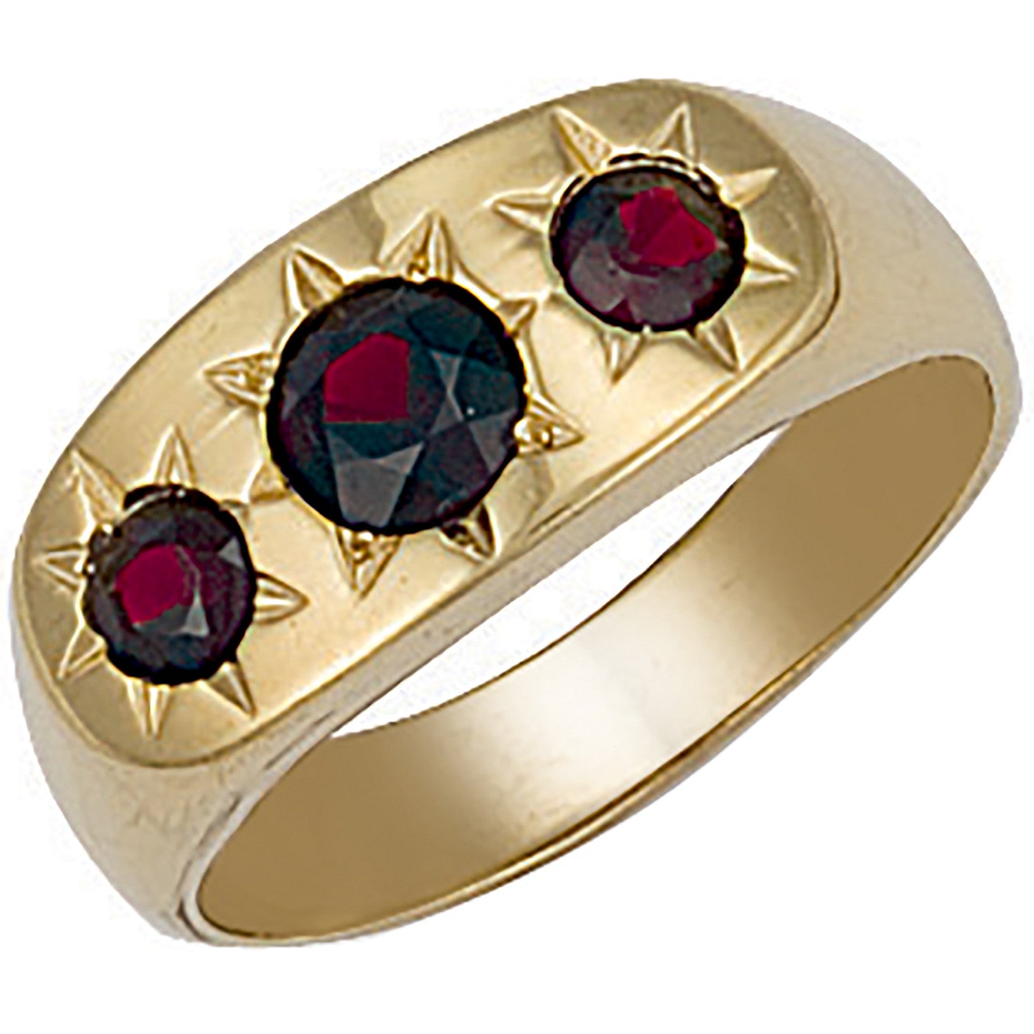 Yellow Gold Gents 3 Stone Garnet Ring - 9ct Gold