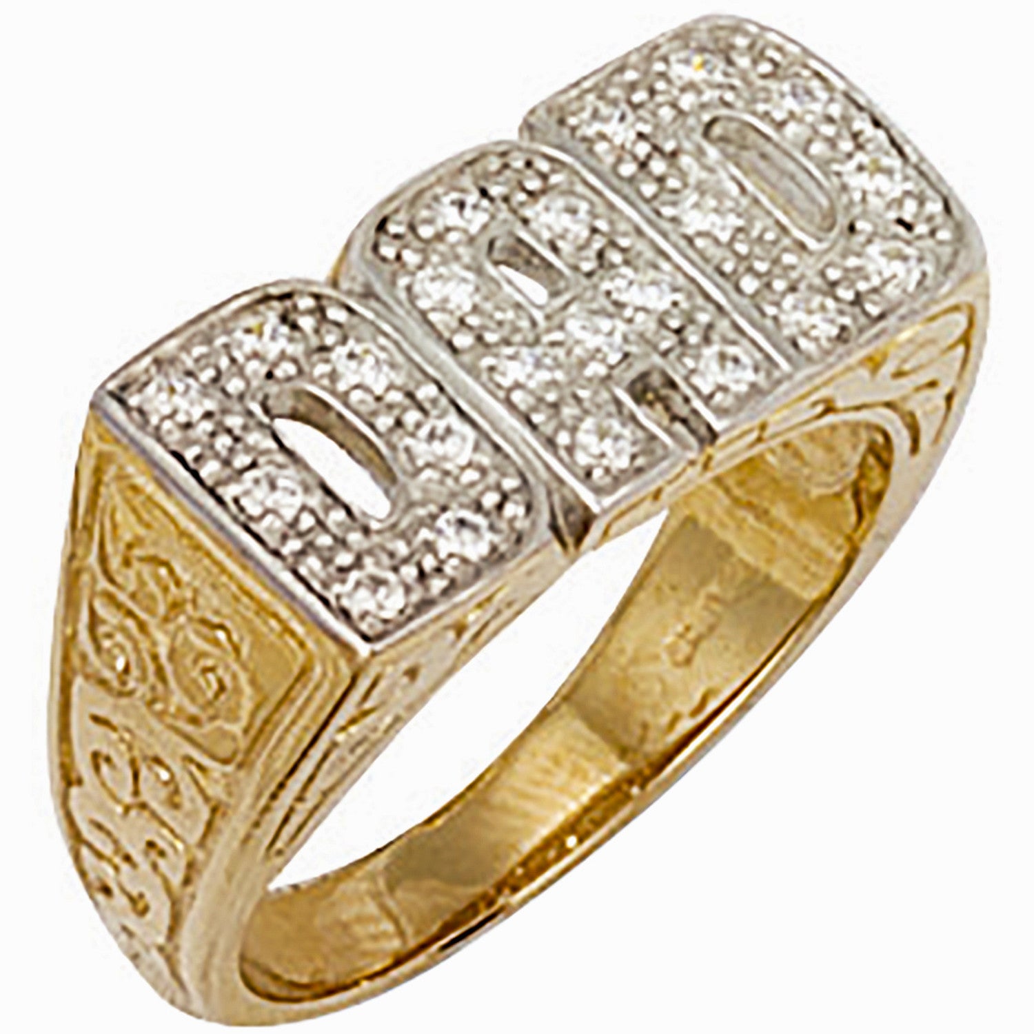 Yellow Gold Cubic Zirconia Patterned Sides Dad Ring - 9ct Gold