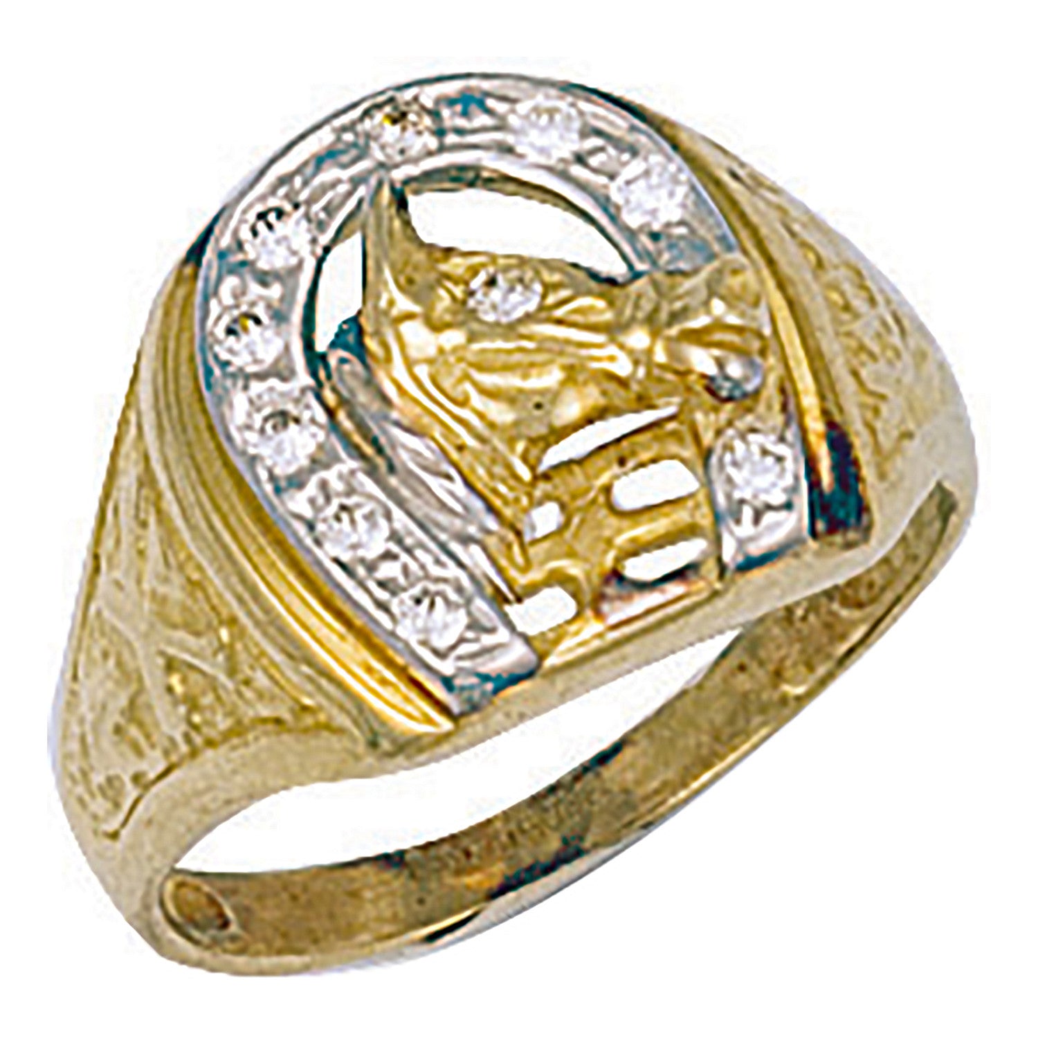 Yellow Gold Horse Shoe & Head Cubic Zirconia Ring - 9ct Gold